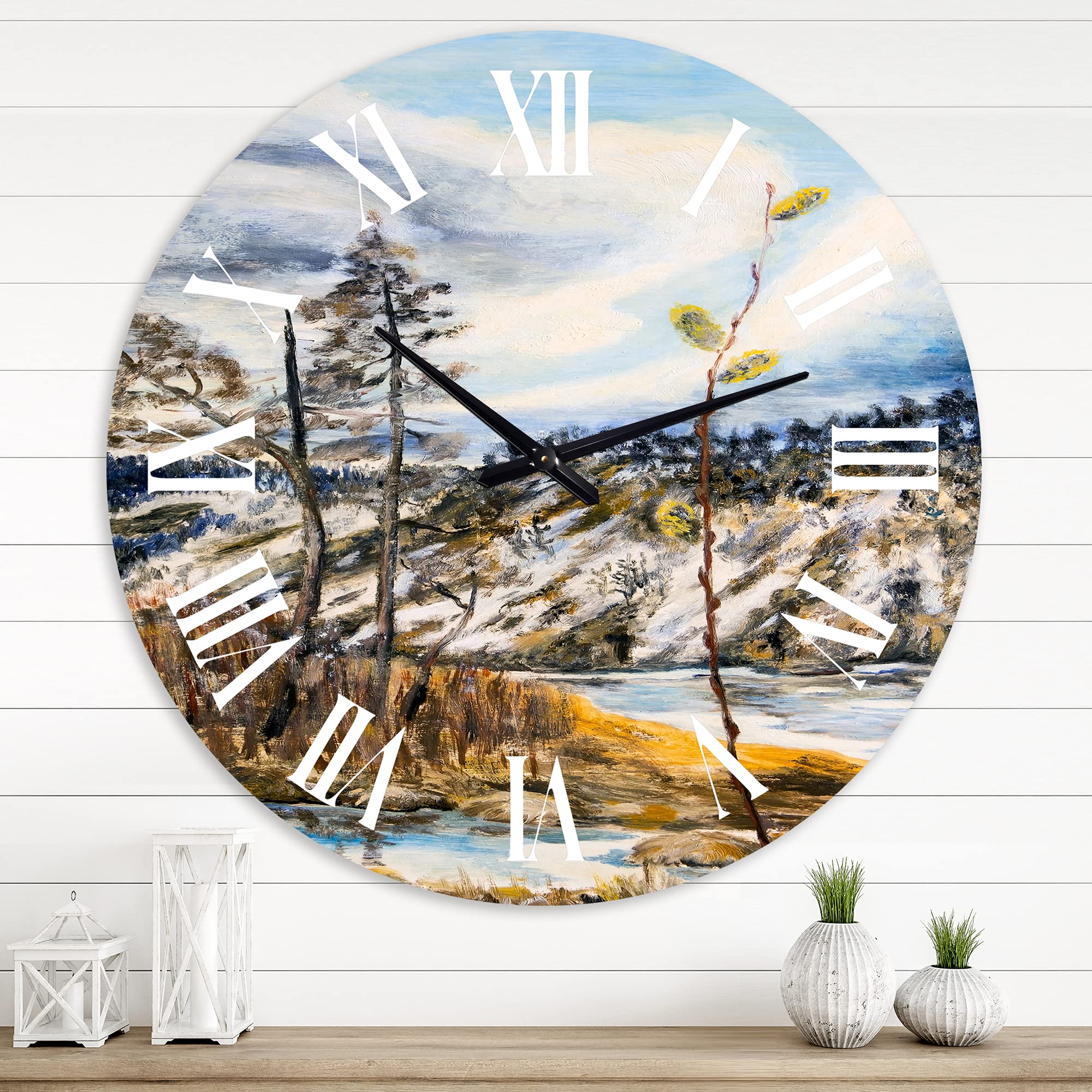 Lake House Wall Clock - Spring Landscape with Cloudy Sky & River - Large Nature Wall Clock for Home, Office, and Cabin Decor - Perfect for Living Room, Bedroom, and Study Room