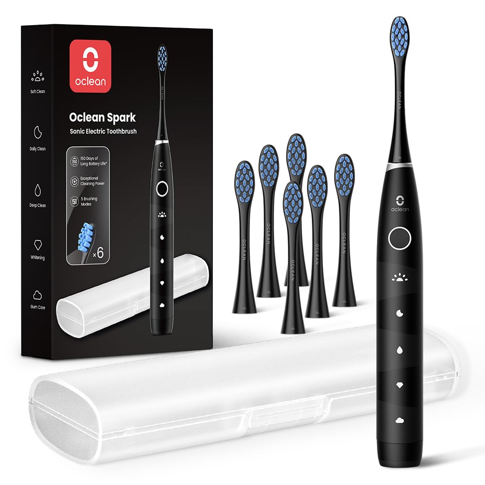 Oclean Electric Toothbrush for Adults - 150 Days Battery Life, USB Rechargeable Sonic Toothbrush with 6 Brush Heads & Travel Case - 5 Cleaning Modes & Smart Timer - Perfect for Travel, Home & Daily Oral Care