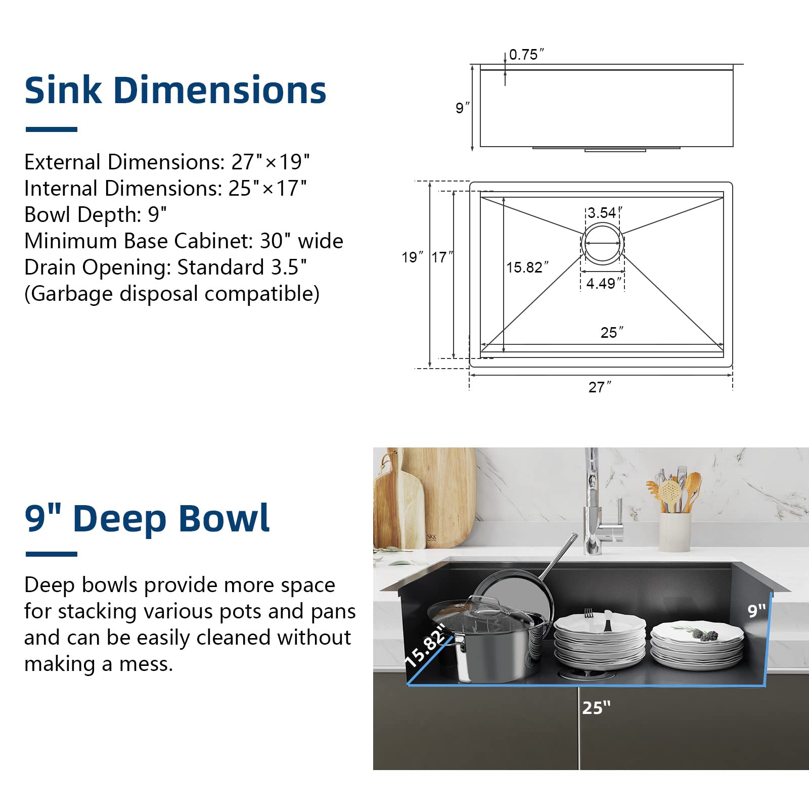 27-inch Undermount Workstation Kitchen Sink - 16 Gauge Stainless Steel with Nano Coating & Brushed Matte Black Finish - Single Bowl Deep Sink with Ledge & Accessories - Perfect for Modern Kitchens, Food Prep, and Heavy-Duty Cooking