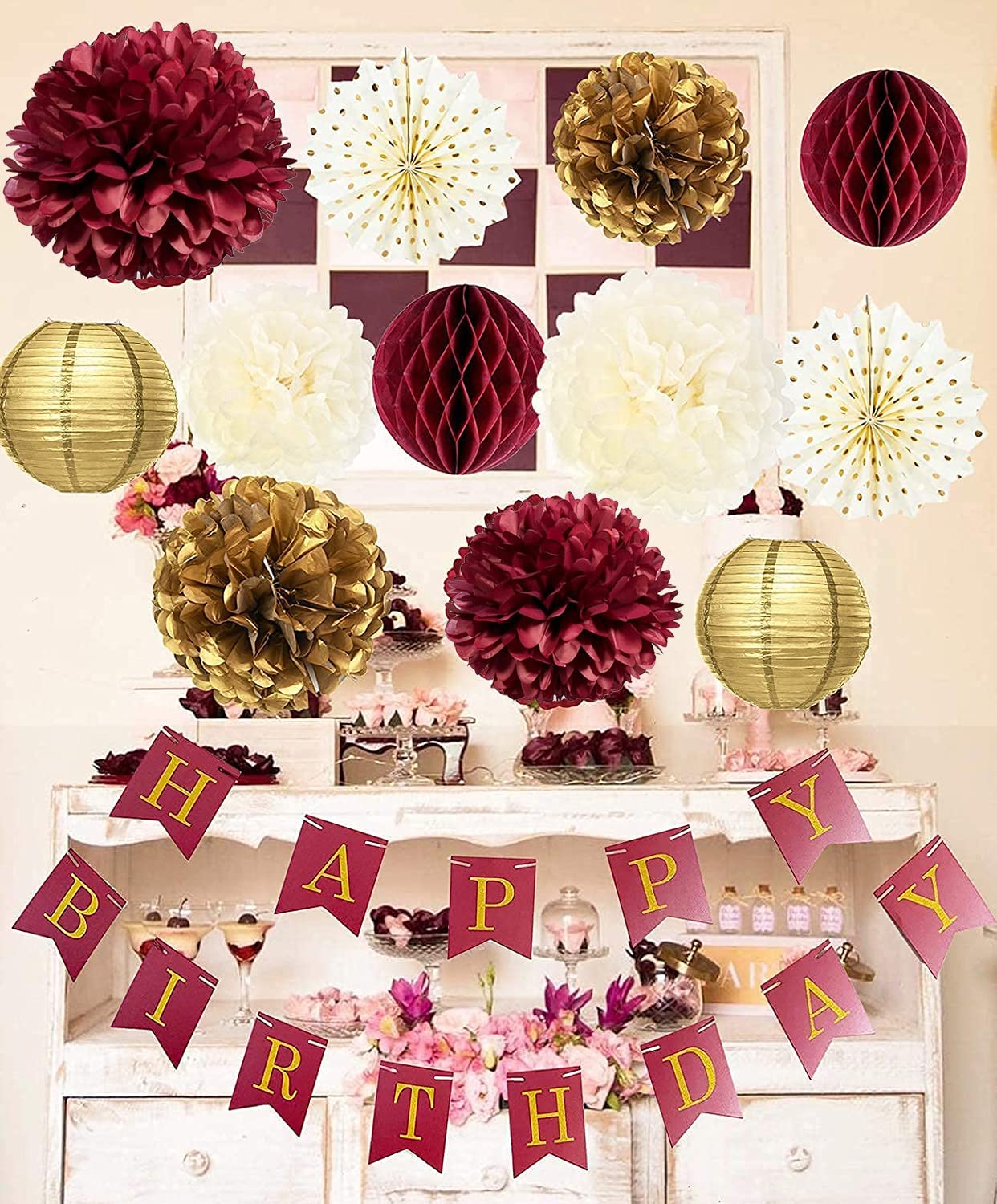 Maroon & Gold Happy Birthday Banner - Elegant Burgundy Fall Party Decorations for Women | Perfect for Birthday Celebrations, Bridal Showers & Special Events