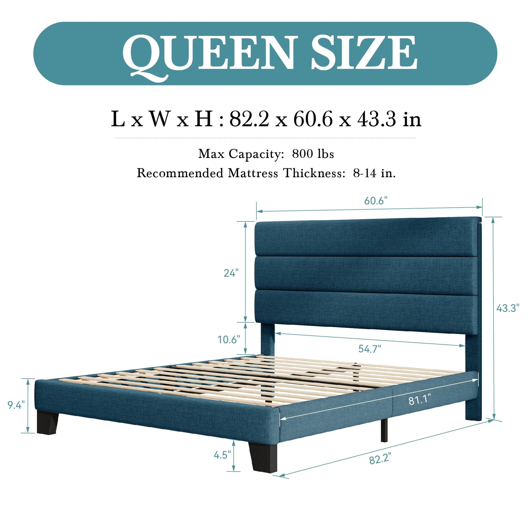 HOOMIC Queen Size Bed Frame with Upholstered Headboard & Wood Slat Support - No Box Spring Needed, Navy Blue Fabric Platform Bed - Perfect for Master Bedroom, Guest Room & Small Spaces