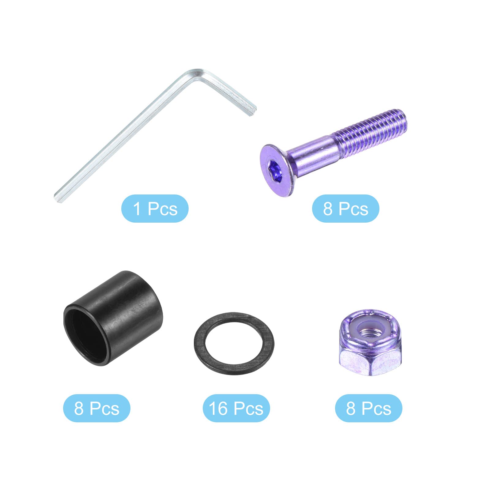 PATIKIL Skateboard Hardware Kit - 8 Pack Desk Mounting Screws, Axle Nuts, Hex Key Set with Washers & Spacers for Skateboard Truck Wheel Replacement | Perfect for DIY Skateboard Maintenance & Repair