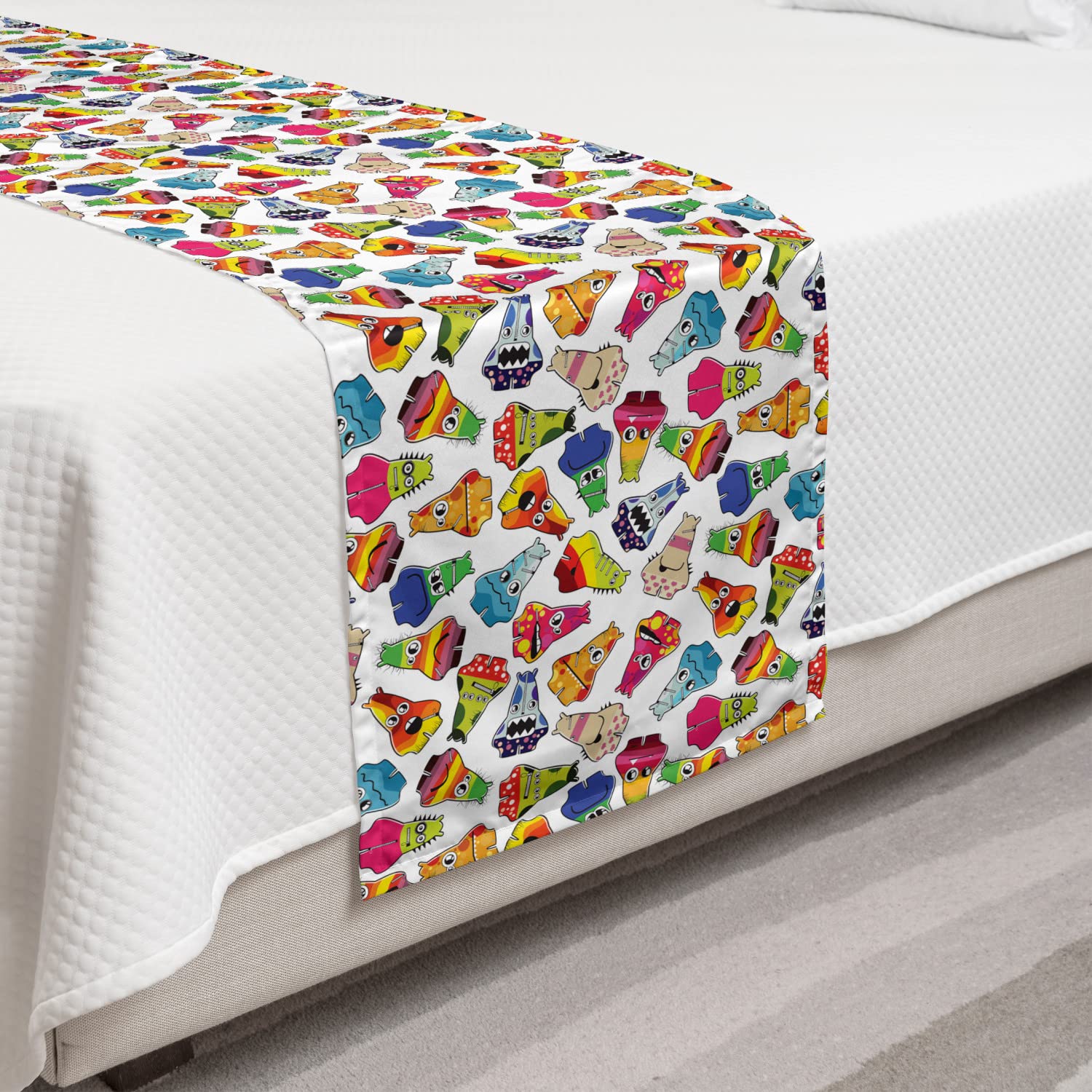 Ambesonne Funny Monster Bed Runner Set - Playful Cartoon Characters with Expressive Designs, Decorative Bedding Scarf & 2 Pillow Shams for King Size Beds - Perfect for Home, Hotel, and Kids' Room Decor
