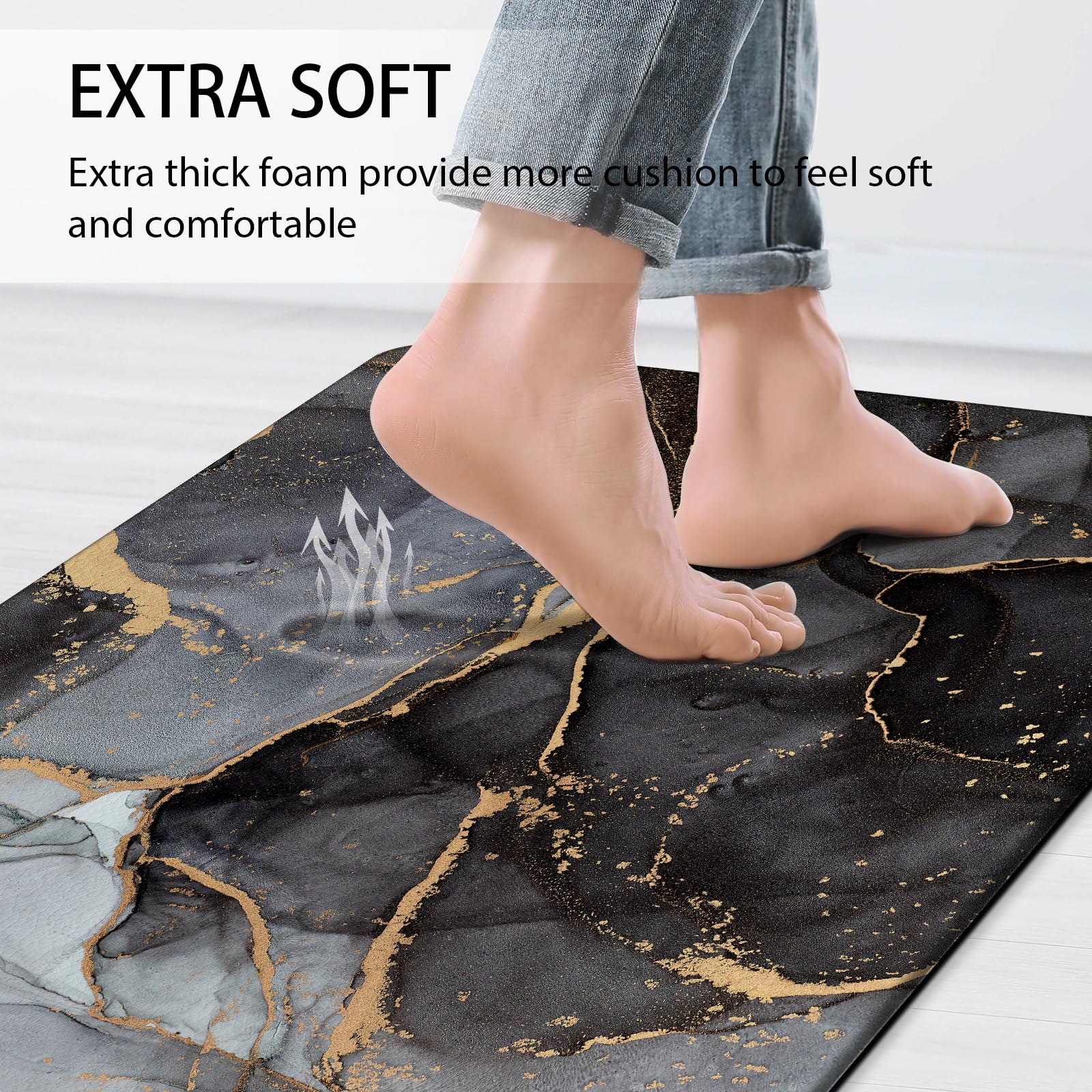 Premium Anti-Fatigue Kitchen Mat Set - 2 Pack Cushioned Memory Foam Floor Mats, Non-Slip Waterproof Kitchen Rugs in Black & Gold for Standing Comfort - Ideal for Kitchens, Laundry Rooms & Workstations
