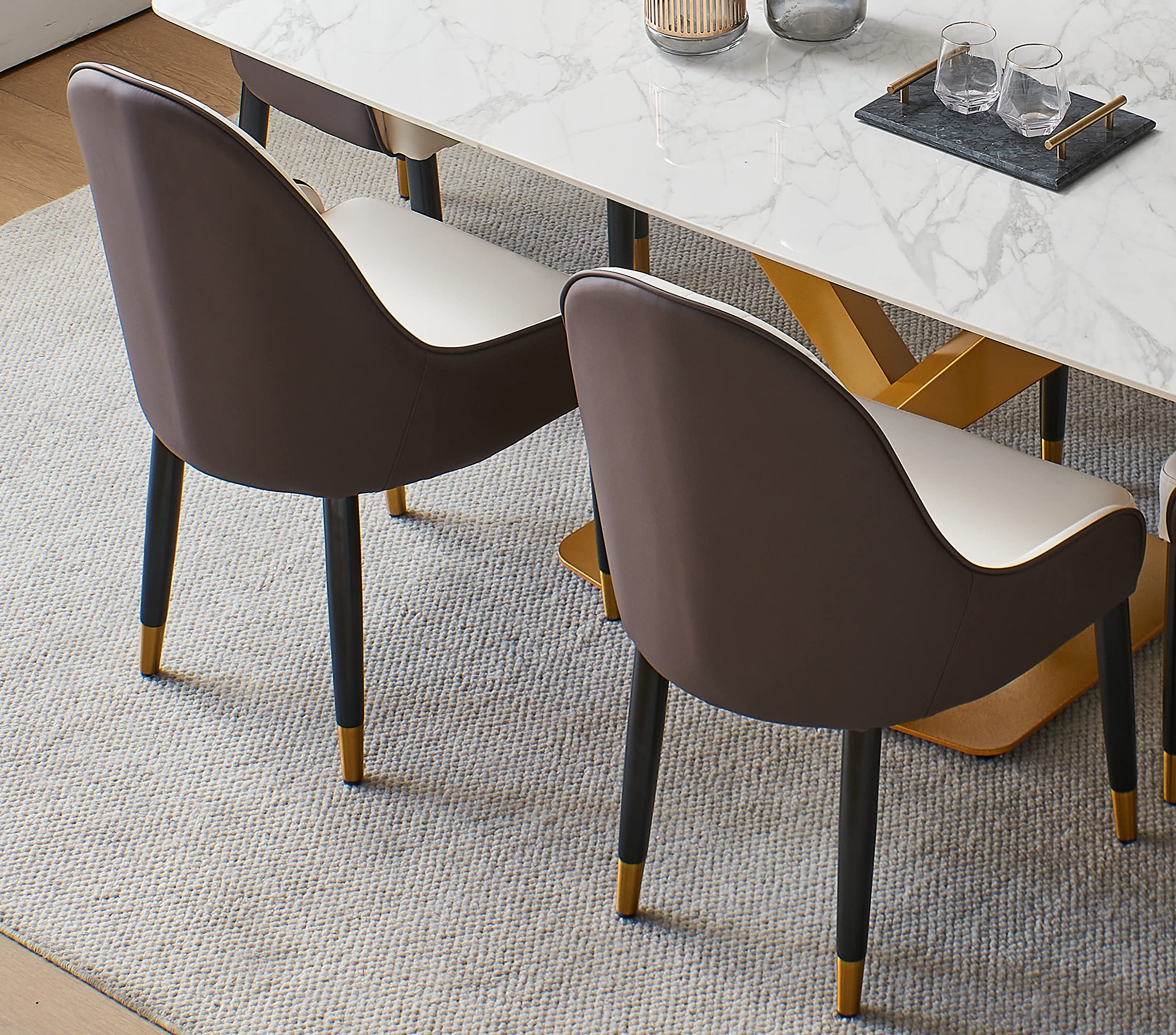 Mid Century Modern Dining Chairs Set of 2 - Brown & White Leather Upholstery with Solid Metal Legs & Ergonomic Backrest - Perfect for Dining Room, Kitchen, Living Room & Home Office