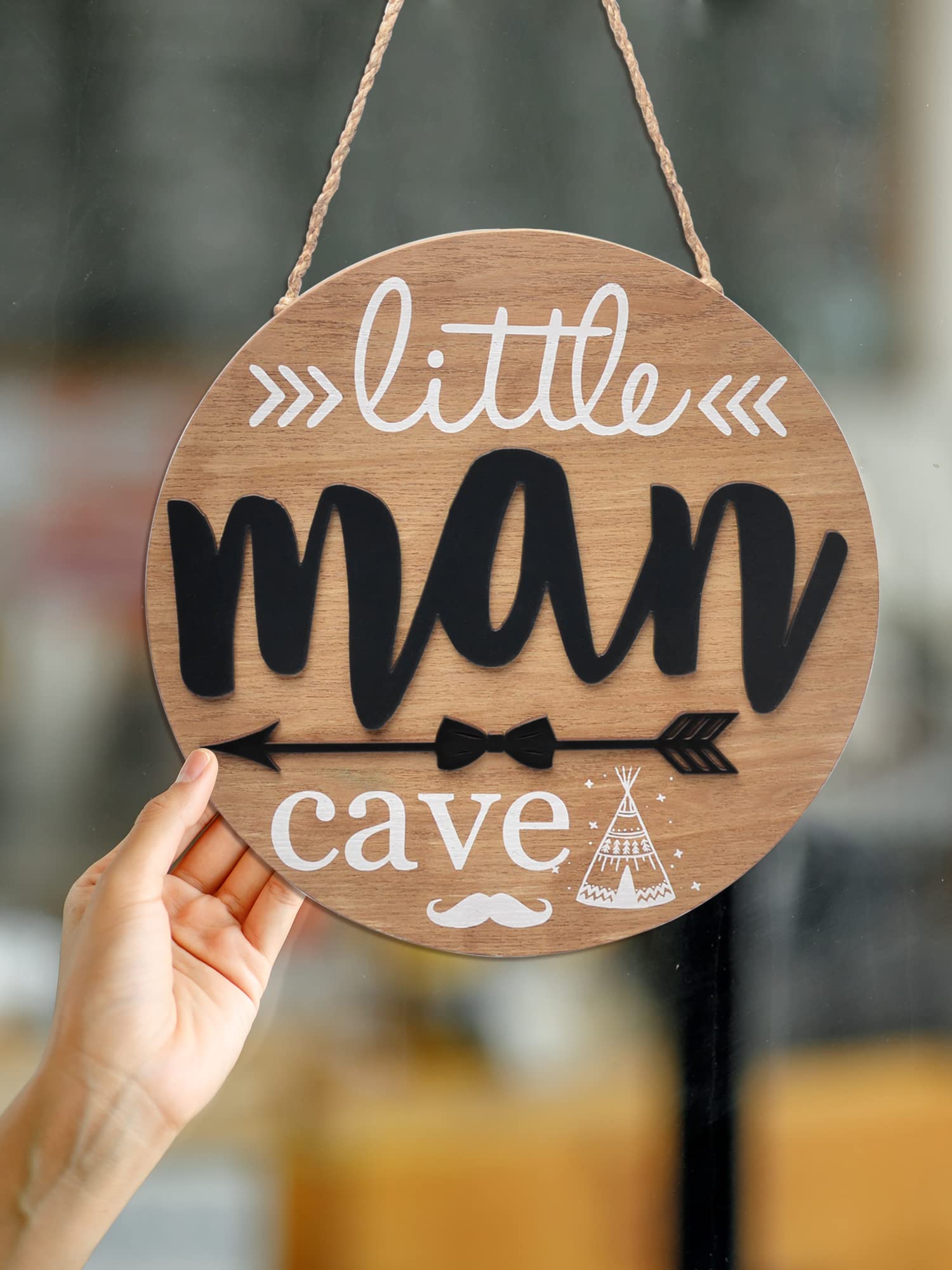 Little Man Cave Wooden Circle Door Sign - Woodland Nursery Decor for Boys, Baby & Toddler Room - Kids Bedroom & Living Room Wall Hanging Decor - Perfect for Baby Showers, Birthday Gifts & Nursery Themes