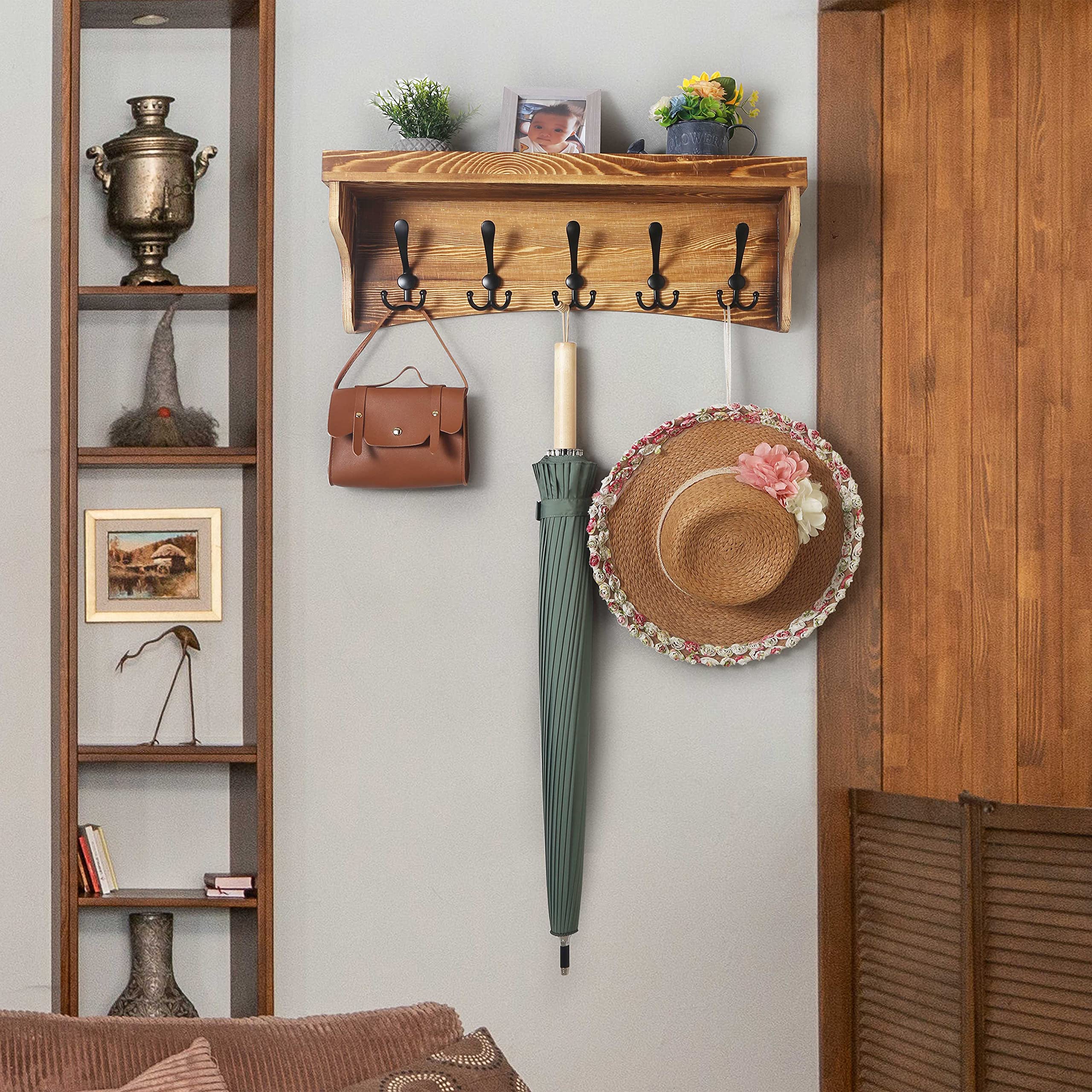 WEBI 24’’ Wall Shelf with 5 Triple Hooks - Rustic Brown Coat Rack & Key Holder - Bathroom & Entryway Storage Solution - Space Saving Wall Mounted Shelf for Hats, Bags & Home Organization
