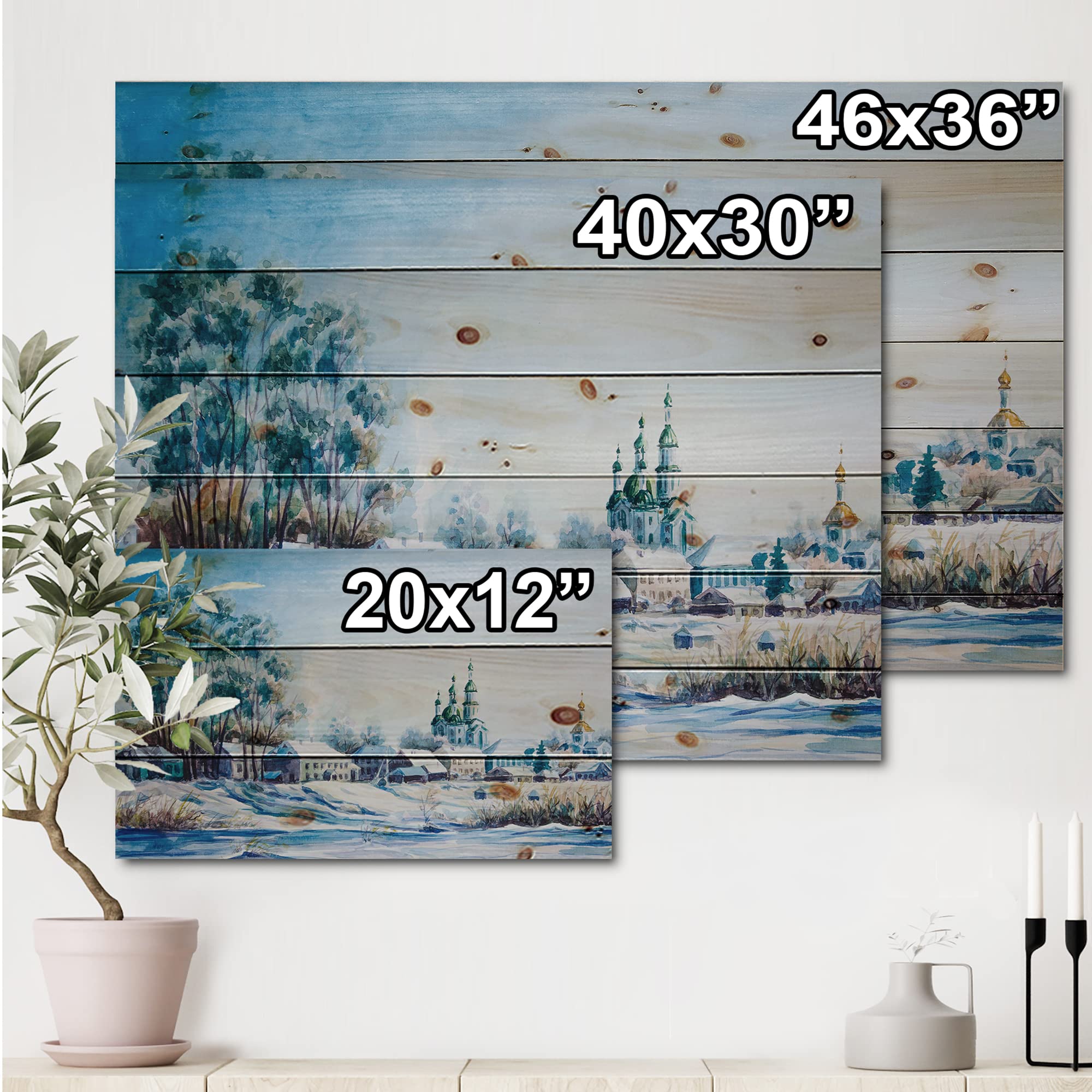 DesignQ Winter Small Town Traditional Wood Wall Decor - Blue Landscape Wood Wall Art Panel, Large Pine Wood Wall Hanging for Living Room, Bedroom & Office Decor