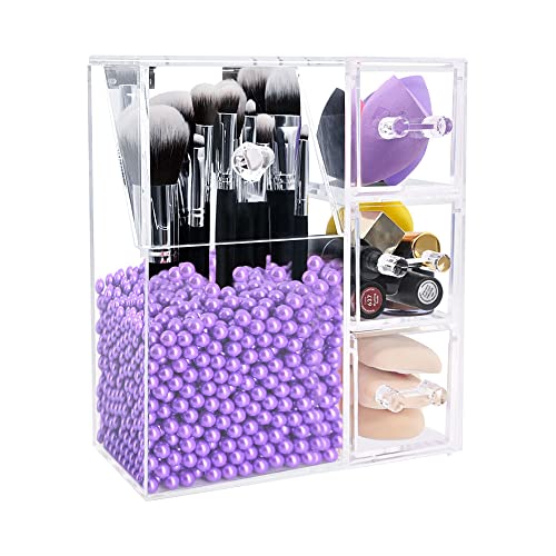 Dolovemk Acrylic Makeup Brush Holder Organizer with 3 Drawers & Lid - Dustproof Storage Box with Purple Pearl | Perfect for Vanity, Bathroom & Travel Cosmetic Organization
