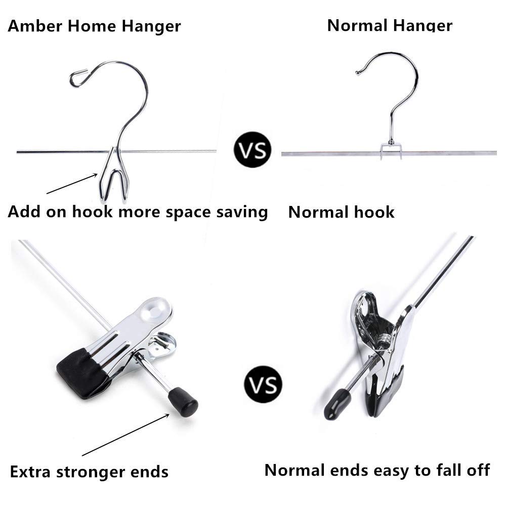 Amber Home 12 Pack Heavy Duty Stackable Metal Pants & Skirt Hangers with 2 Adjustable Clips - Space Saving Cascading Closet Organizer for Jeans, Slacks, Dresses - Perfect for Closet, Wardrobe & Laundry Room Organization