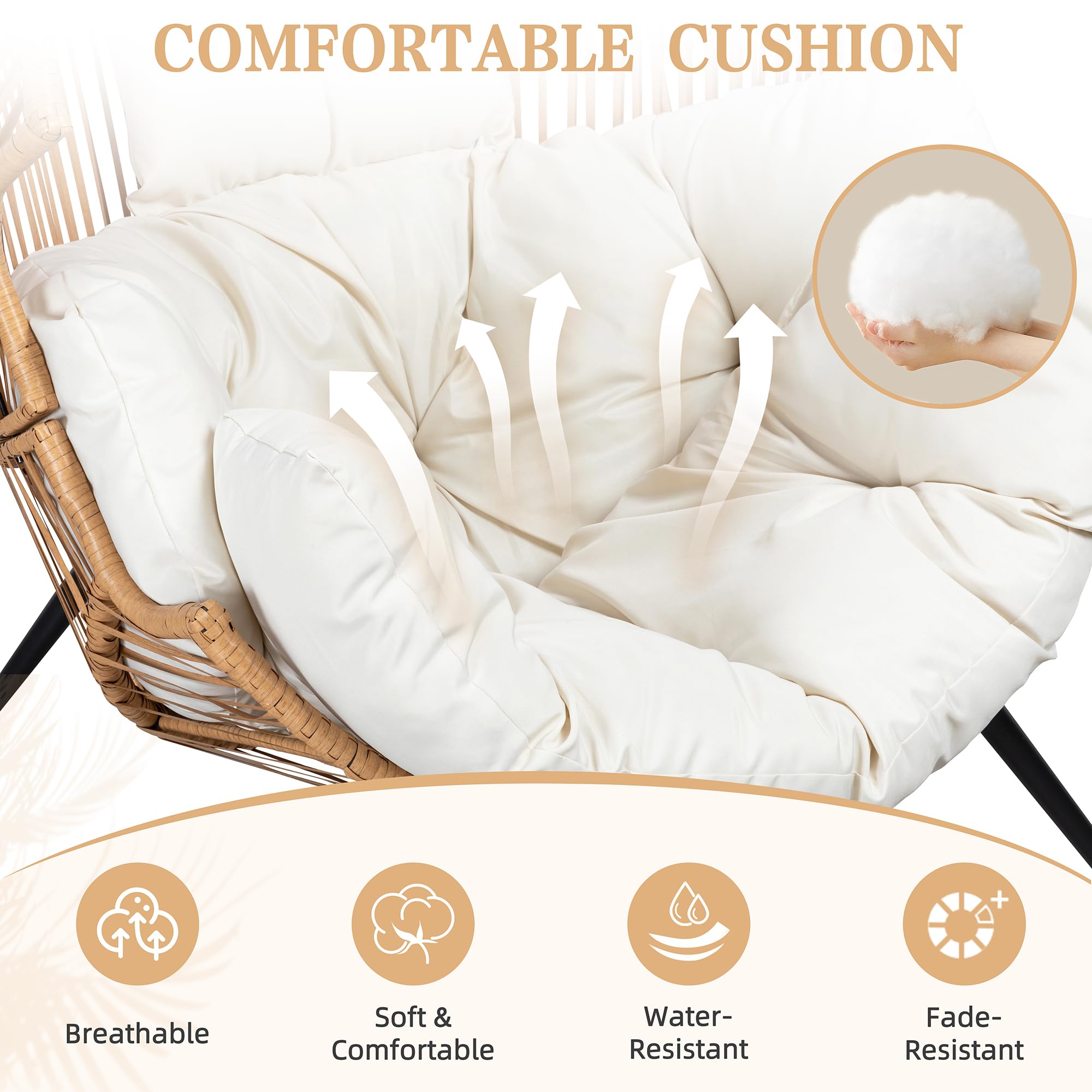 Vongrasig PE Rattan Egg Chair with Cushion - Oversized Wicker Hanging Chair for Patio, Garden, Balcony & Indoor Use - Comfortable Outdoor Lounge Chair in Beige - Perfect for Relaxing, Reading & Sunbathing