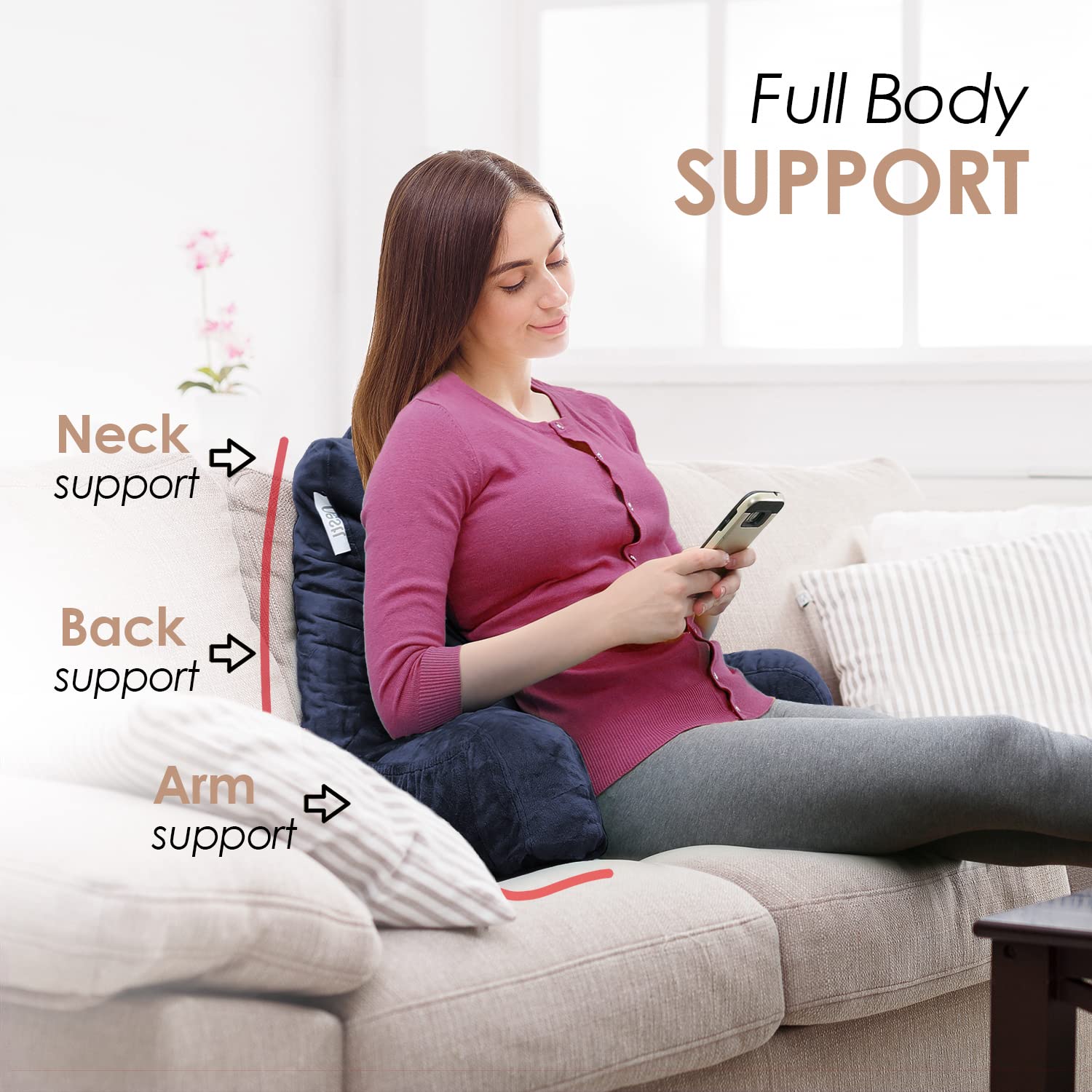 Nestl Reading Pillow with Shredded Memory Foam - Standard Bed & Back Support Pillow for Sitting in Bed, Armchair or Sofa - Navy Blue Comfort Pillow with Pockets - Perfect for Reading, Relaxing, Watching TV & Lounging