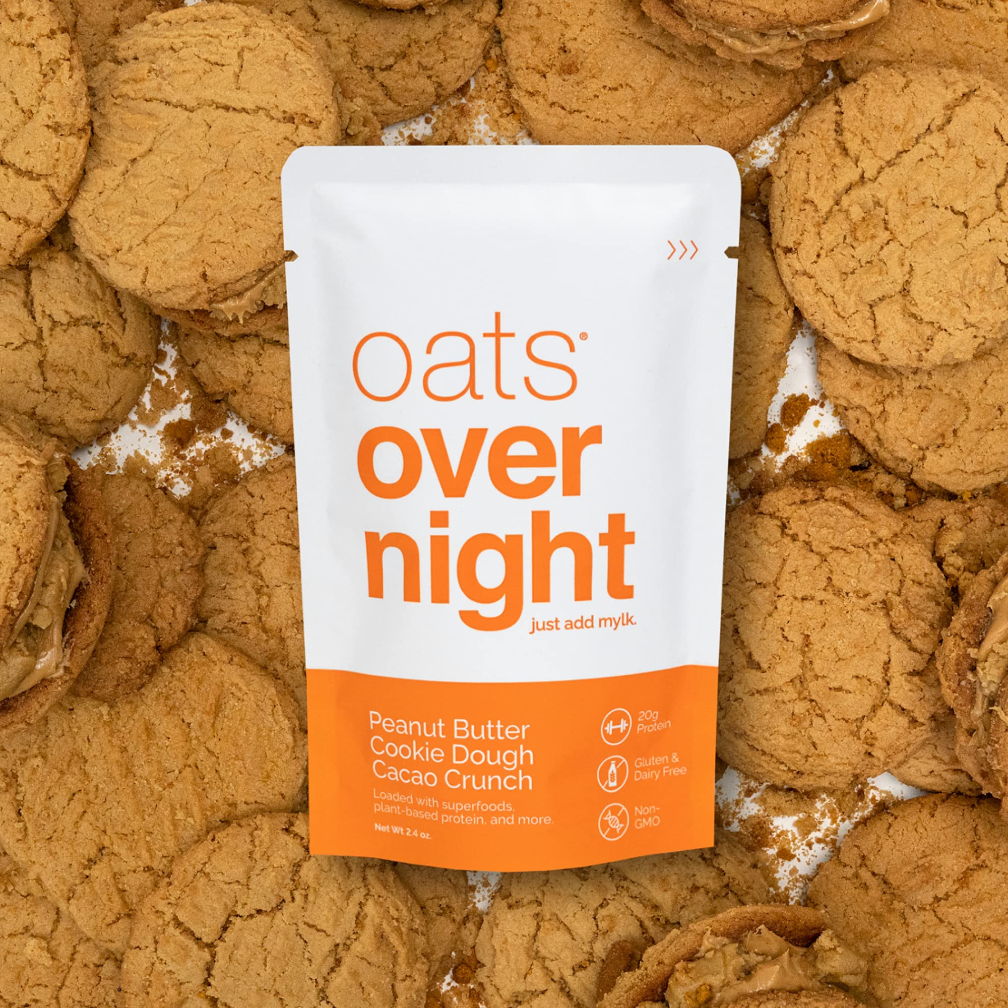 Oats Overnight Peanut Butter Cookie Dough Cacao Crunch - Vegan Protein Shake with 20g Plant-Based Protein | High Fiber, Gluten Free, Dairy Free Oatmeal Breakfast (2.4oz/Meal, 24 Pack) - Perfect for Quick Breakfast, Post-Workout Recovery & On-the-Go Nutrition