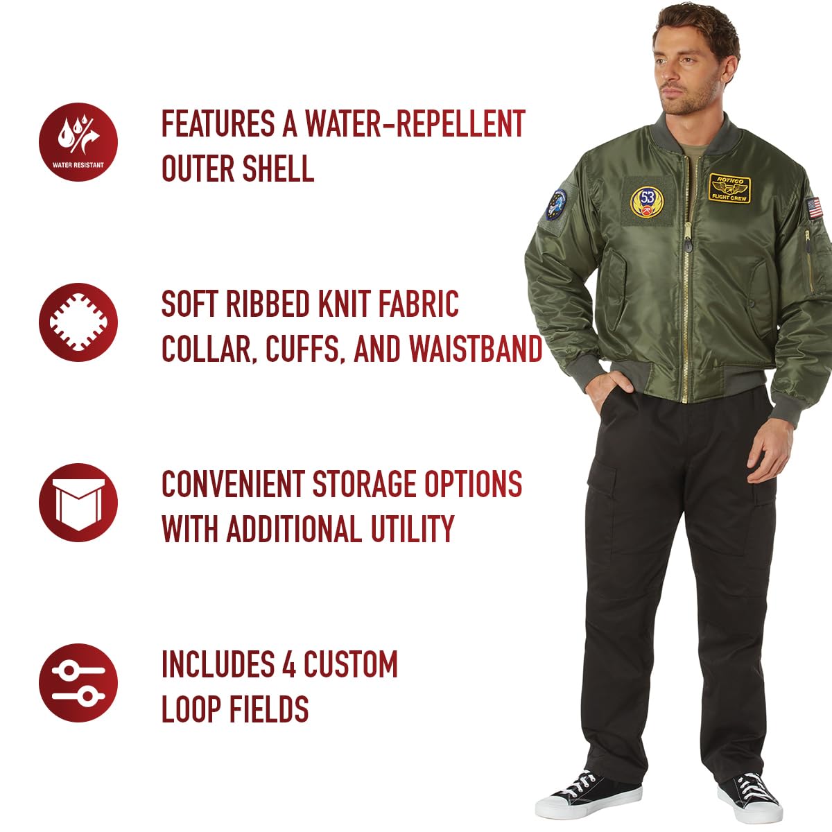 Rothco Classic Cold Weather Bomber Flight Jacket with Included Morale Patches - Warm Aviator Jacket for Men & Women - Perfect for Winter Outdoor Activities, Military Reenactments & Casual Wear