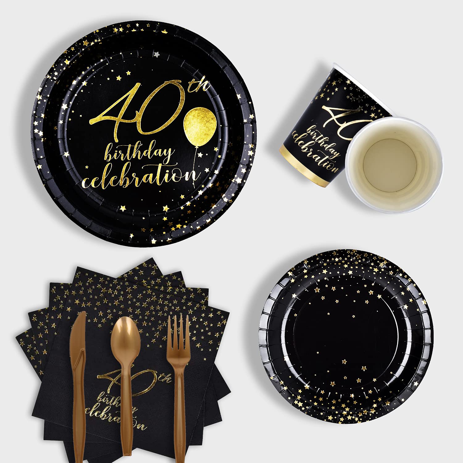 Gatherfun 40th Birthday Party Supplies Set - 40 Disposable Paper Plates, Napkins, Cups, Cutlery & Tablecloth - Black & Gold Decorations for Men & Women (Serves 25) - Perfect for Anniversary Celebrations, Milestone Parties & Special Occasions