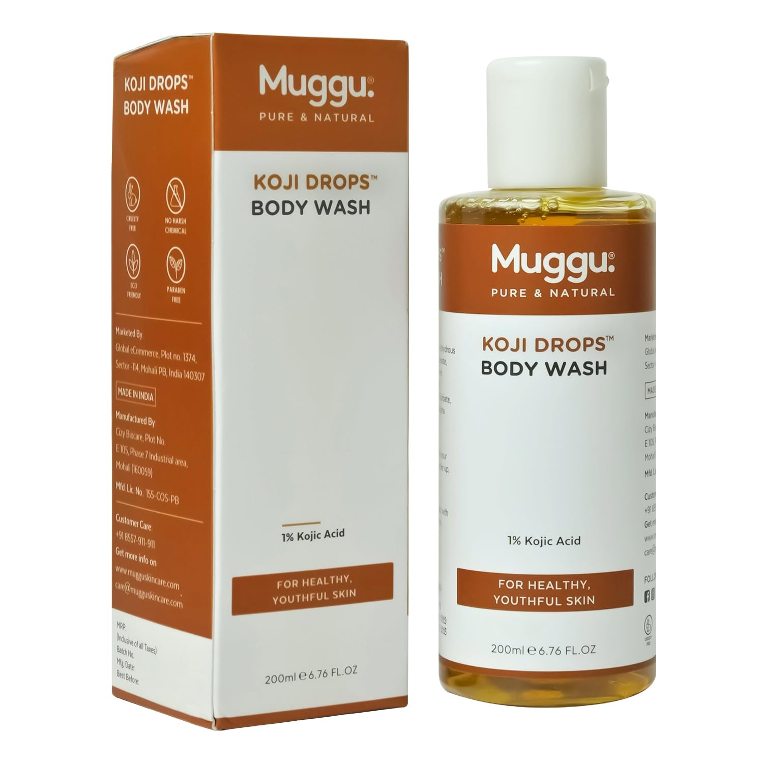 Muggu Skincare Koji Drops Brightening Body Wash with Kojic Acid for Dark Spots & Hyperpigmentation - 200ml | Gentle Exfoliating Shower Gel for Even Skin Tone | Perfect for Daily Use & Post-Sun Care