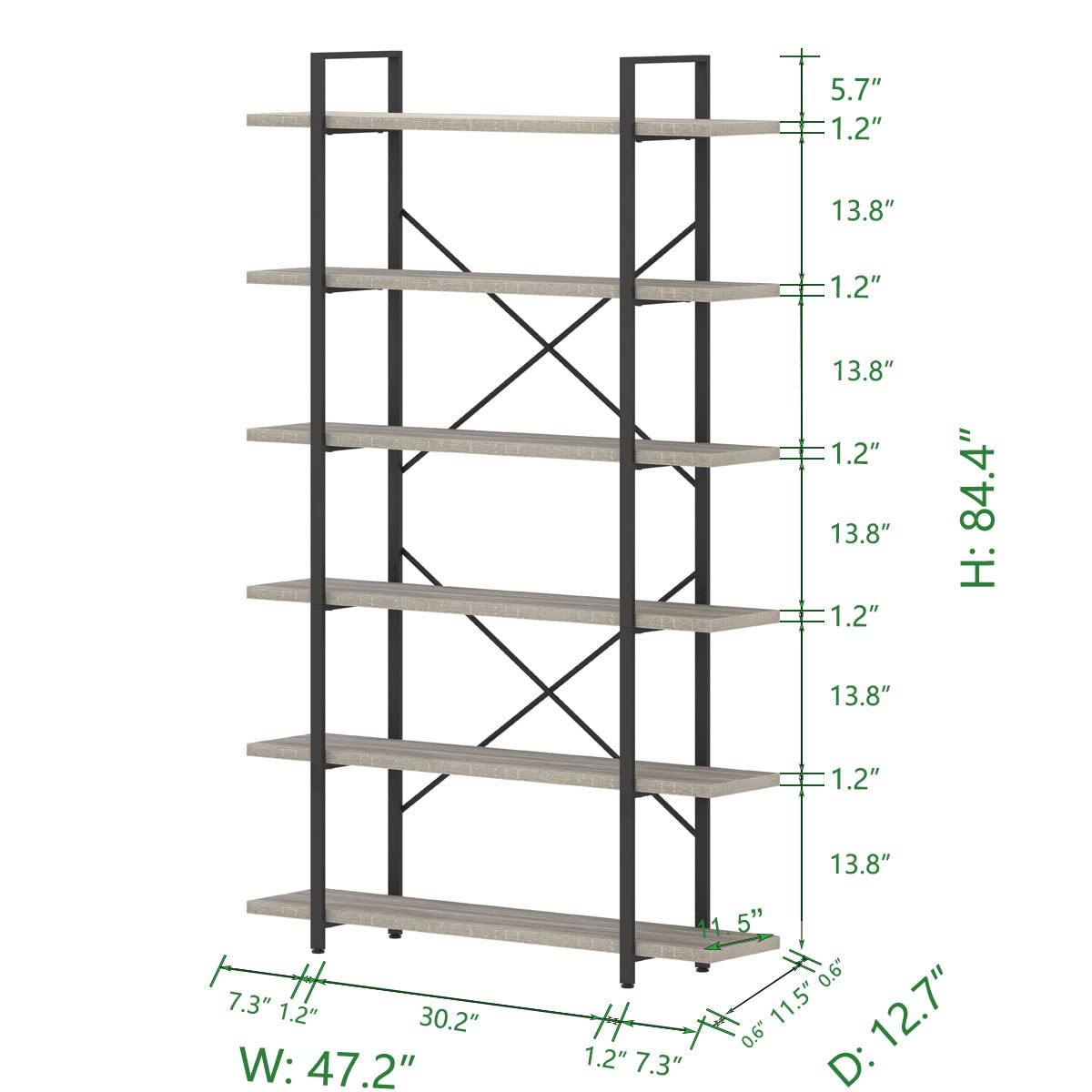 HSH 6-Tier Tall Bookshelf - Industrial Wood & Metal Bookcase with Open Shelves for Storage | Vertical Display Shelf for Bedroom, Living Room & Office | Light Grey Oak Finish | Perfect for Organizing Books, Decor & Essentials