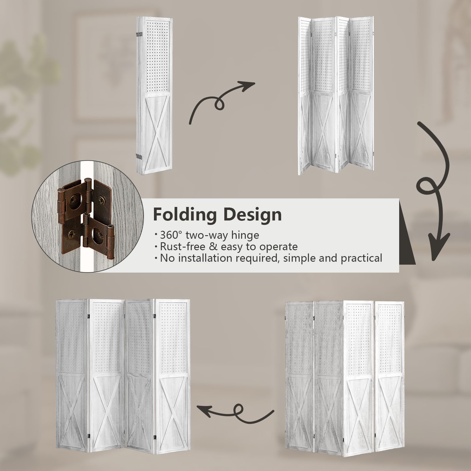 4 Panel Wooden Room Divider Screen - 5.6Ft Folding Privacy Partition with Pegboard Display | Freestanding Trade Show Booth, Craft Fair Display & Home Wall Organizer | Perfect for Room Separation, Retail Displays & Home Decor (Retro White)