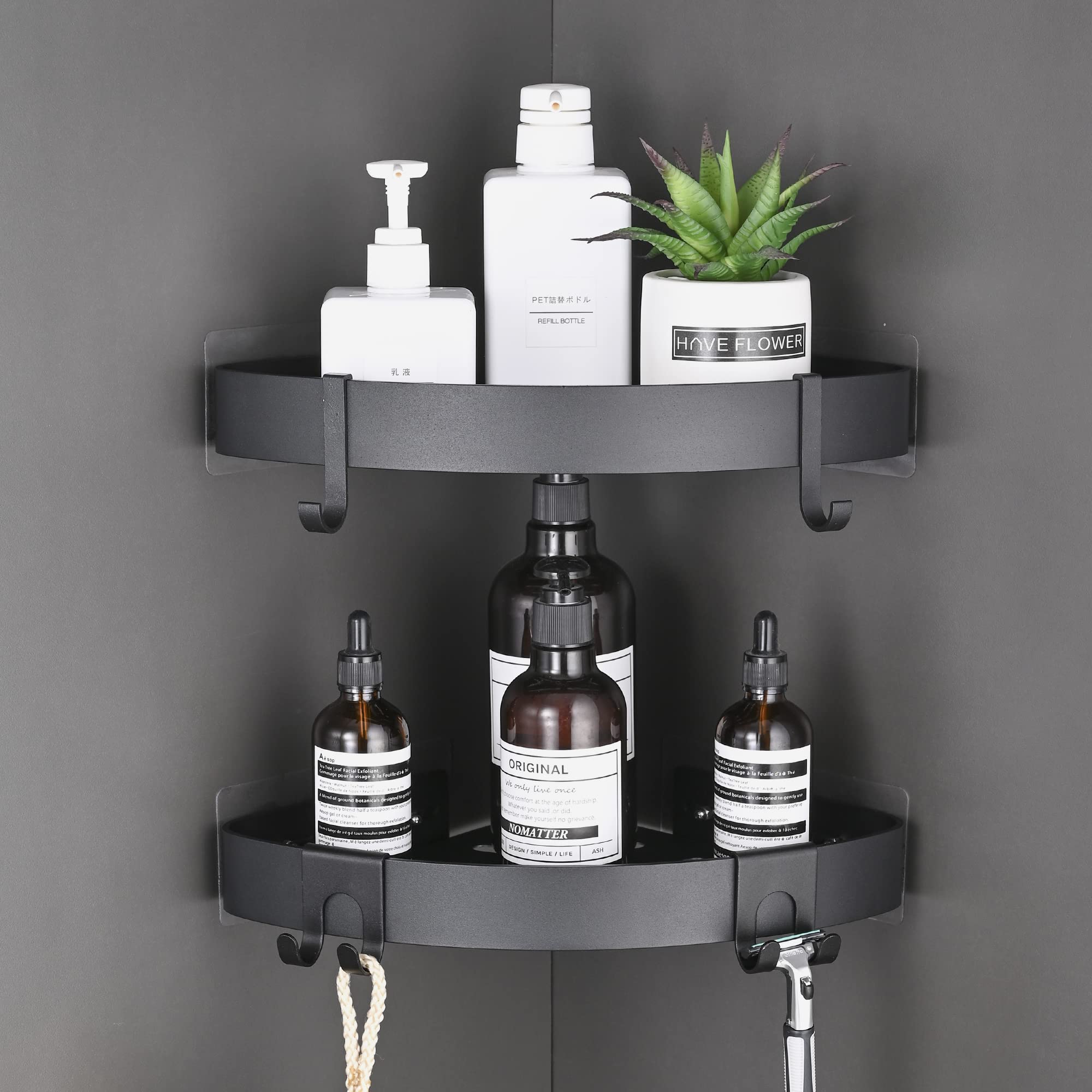 TRUSTLIFE 2-Pack Black Adhesive Shower Caddy Organizer - No Drill Aluminum Wall Mounted Bathroom Corner Shelf with Hooks for Wetroom - Perfect for Small Spaces, Shower Storage & Bathroom Organization