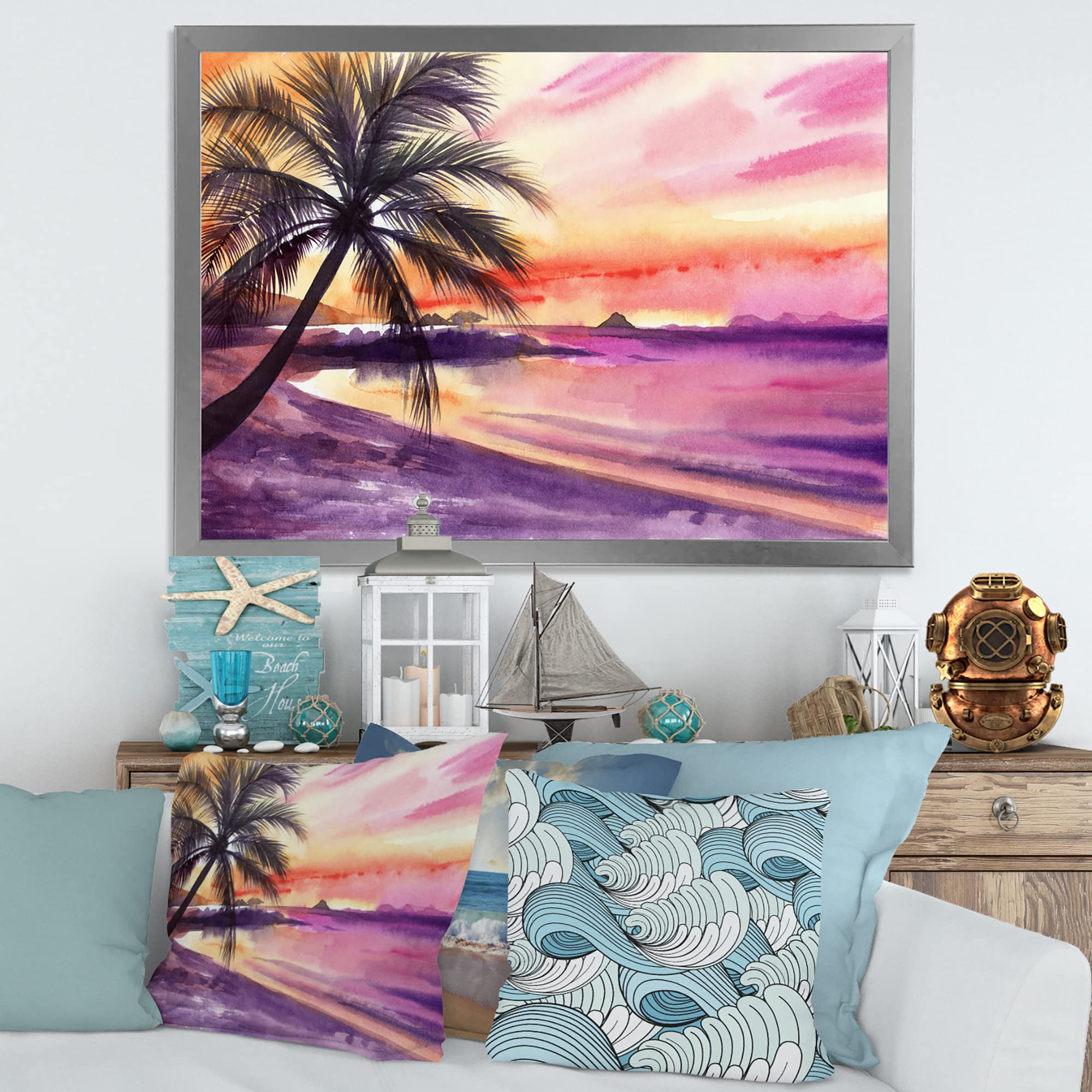 Pink and Purple Palm Beach Sunset Nautical Coastal Framed Wall Art - Beach House Decor, Ocean Themed Living Room Painting, Coastal Bedroom Wall Decor