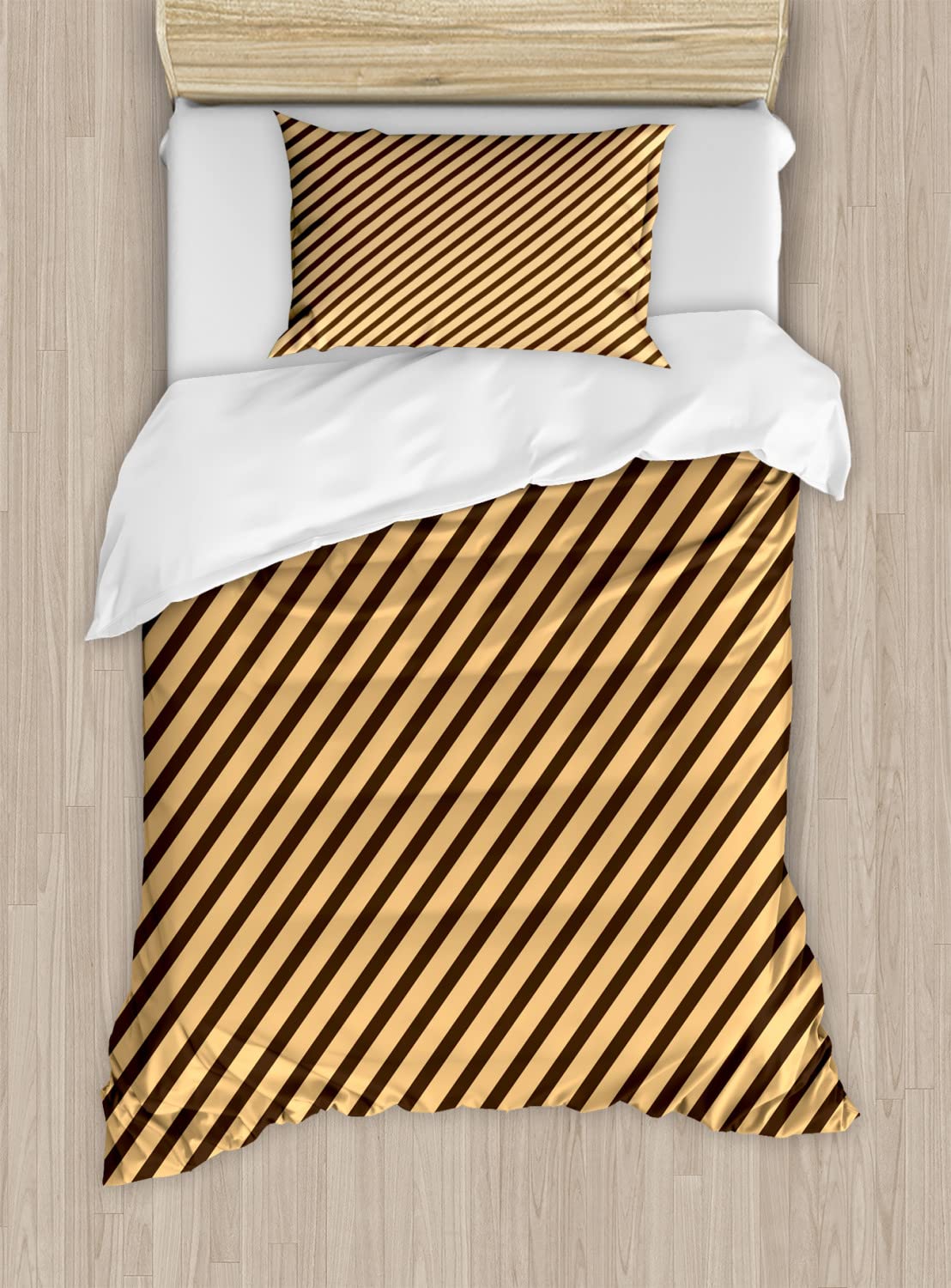 Ambesonne Vintage Duvet Cover Set - Brown Diagonal Stripes Geometric Print Bedding | 2 Duvet Covers & 2 Pillowcases | Twin Size 2-Pack in Sand Brown | Modern Home Decor for Bedroom & Guest Room