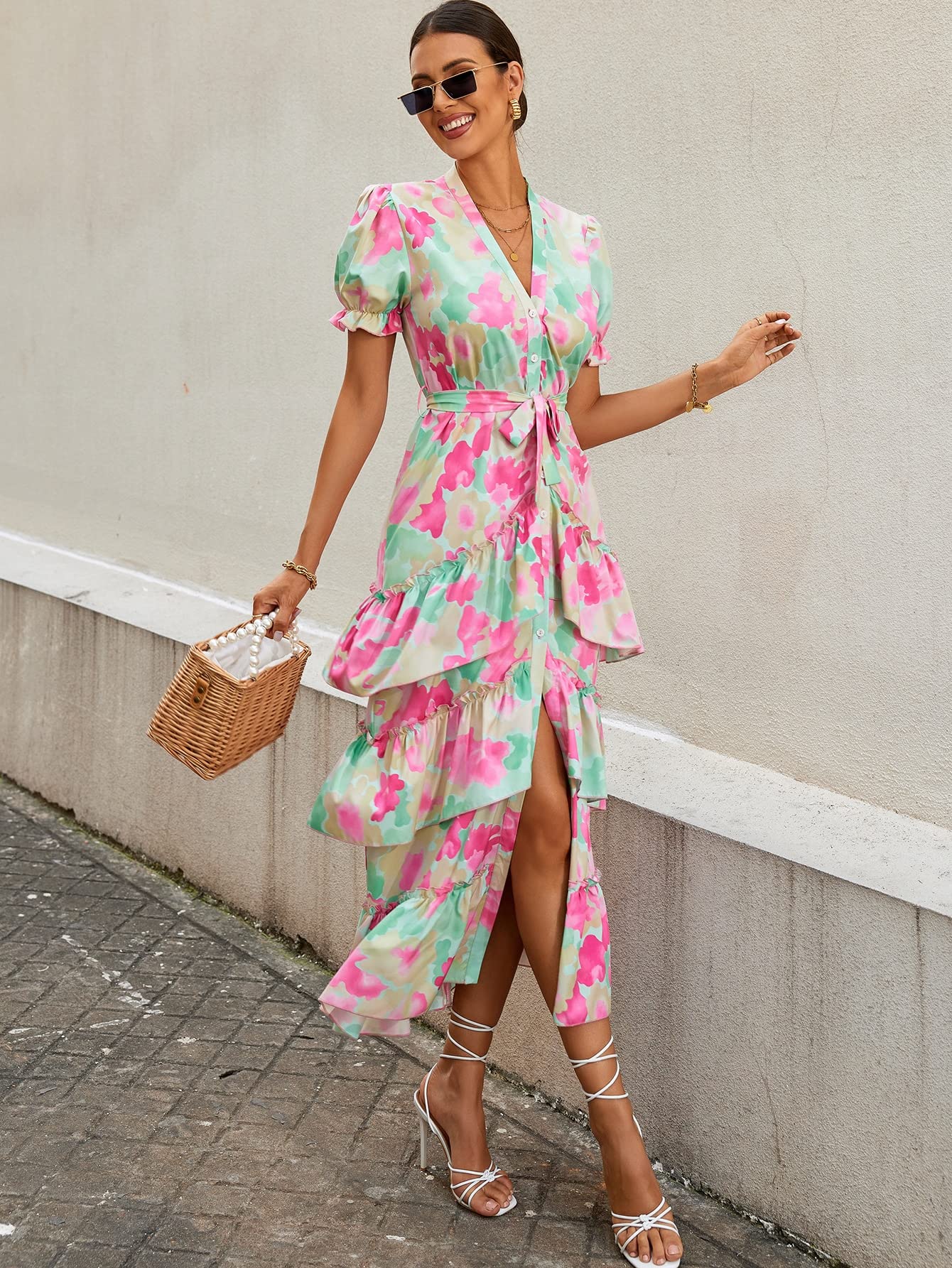 OFUNGO Women's Floral Print Puff Sleeve Belted Dress with Layered Hem - Small | Summer Casual & Party Wear | Perfect for Office, Date Night and Special Occasions