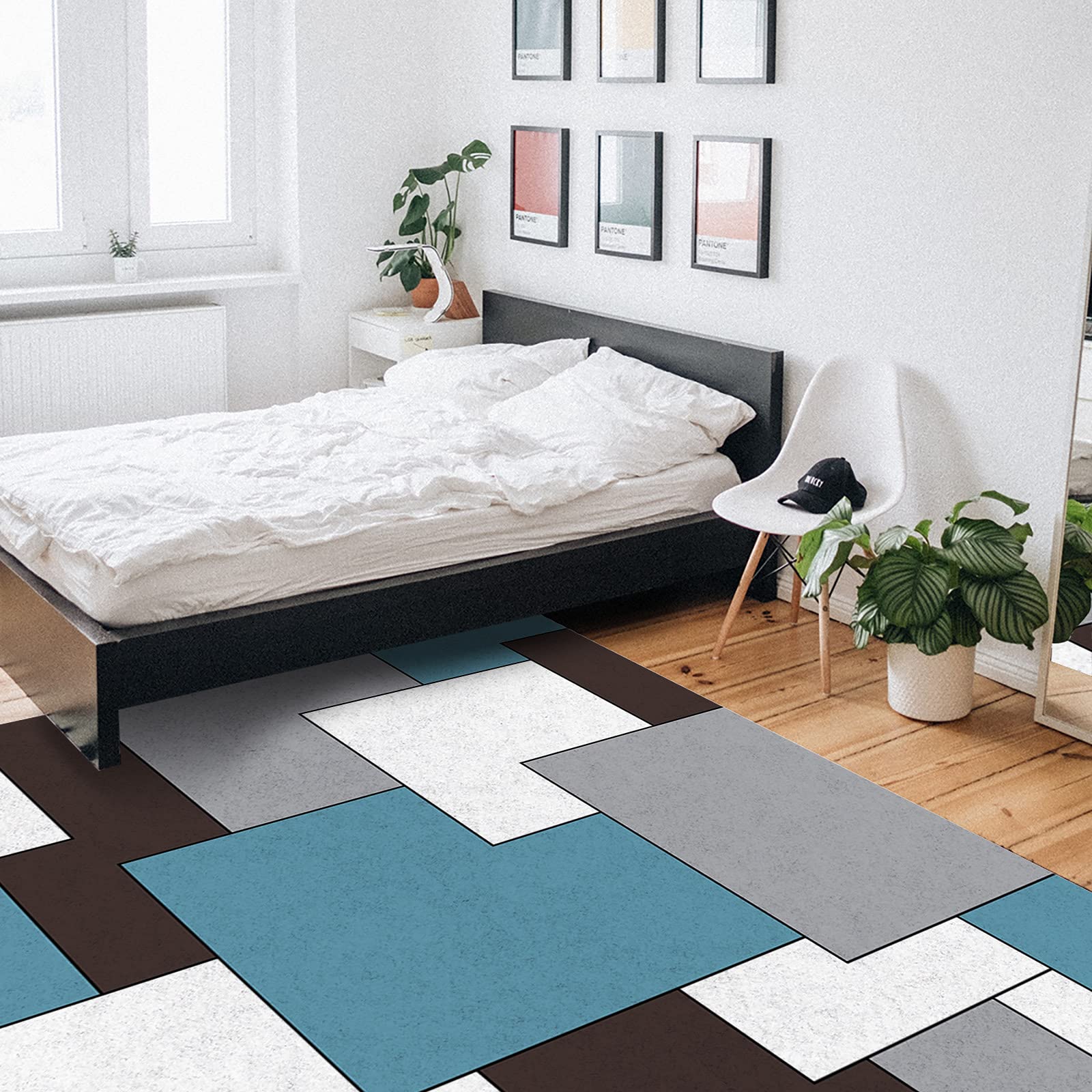 4'x6' Non-Shedding Boho Area Rug - Blue White Grey Abstract Geometric Pattern Indoor Outdoor Rug for Living Room, Bedroom, Kitchen & Bathroom Decor | Perfect for Mid-Century Modern Homes & Bohemian Style Spaces