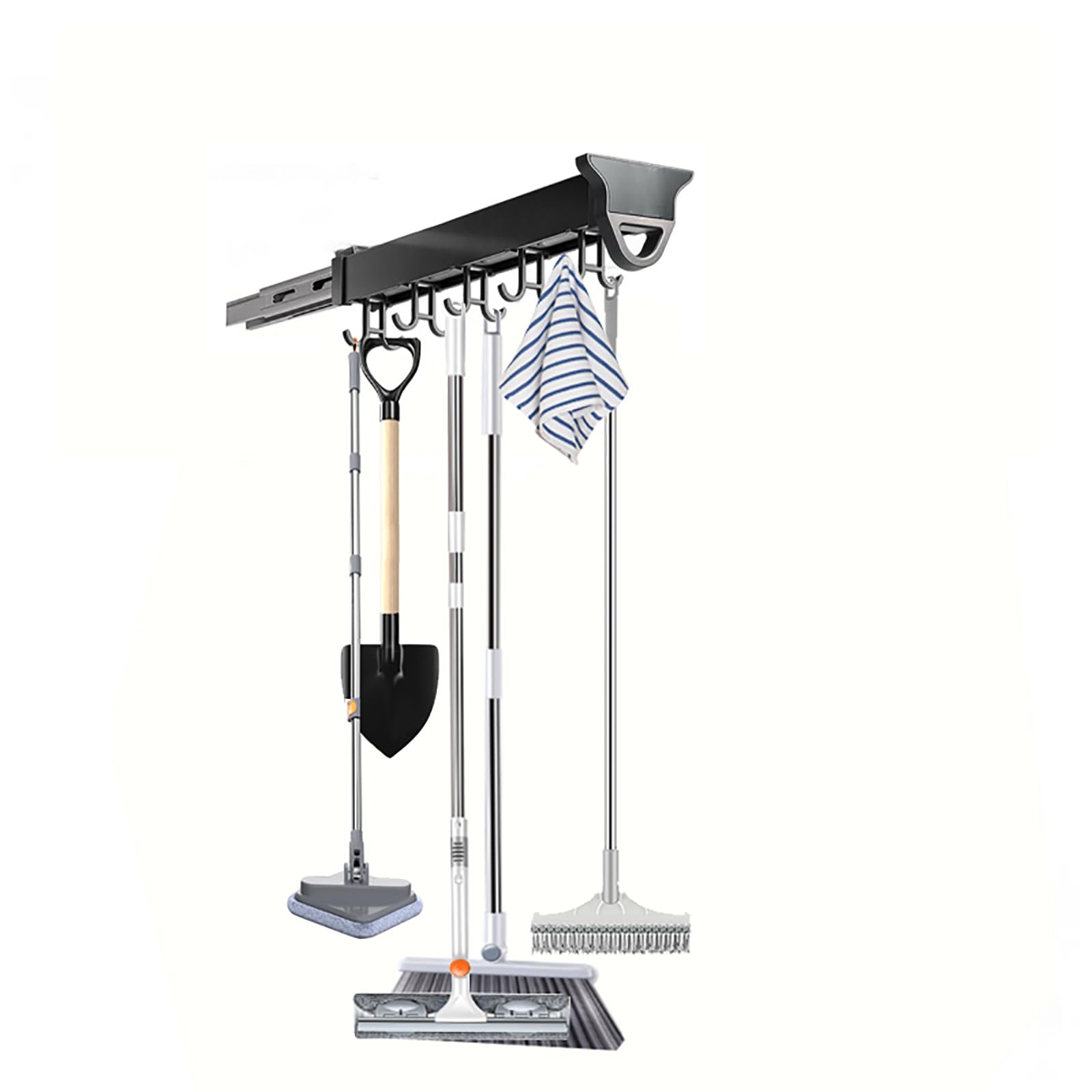 PCWLH Pull Out Mop and Broom Holder with 14 Hooks - Space Saving Laundry Room Organizer for Garage, Closet, Kitchen & Garden Tools Storage - Perfect for Home, Office and Utility Room Organization