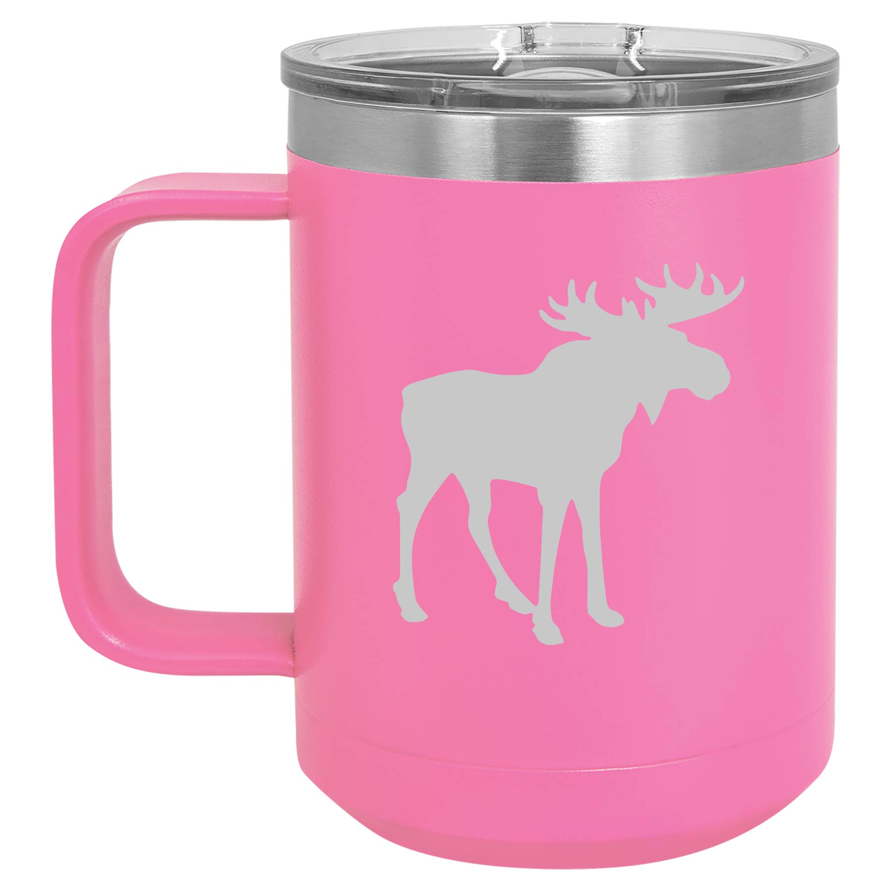15 oz Vacuum Insulated Stainless Steel Tumbler with Handle & Lid - Leakproof Travel Coffee Mug for Hot & Cold Drinks - Moose Design (Hot Pink) - Perfect for Camping, Office & Commuting