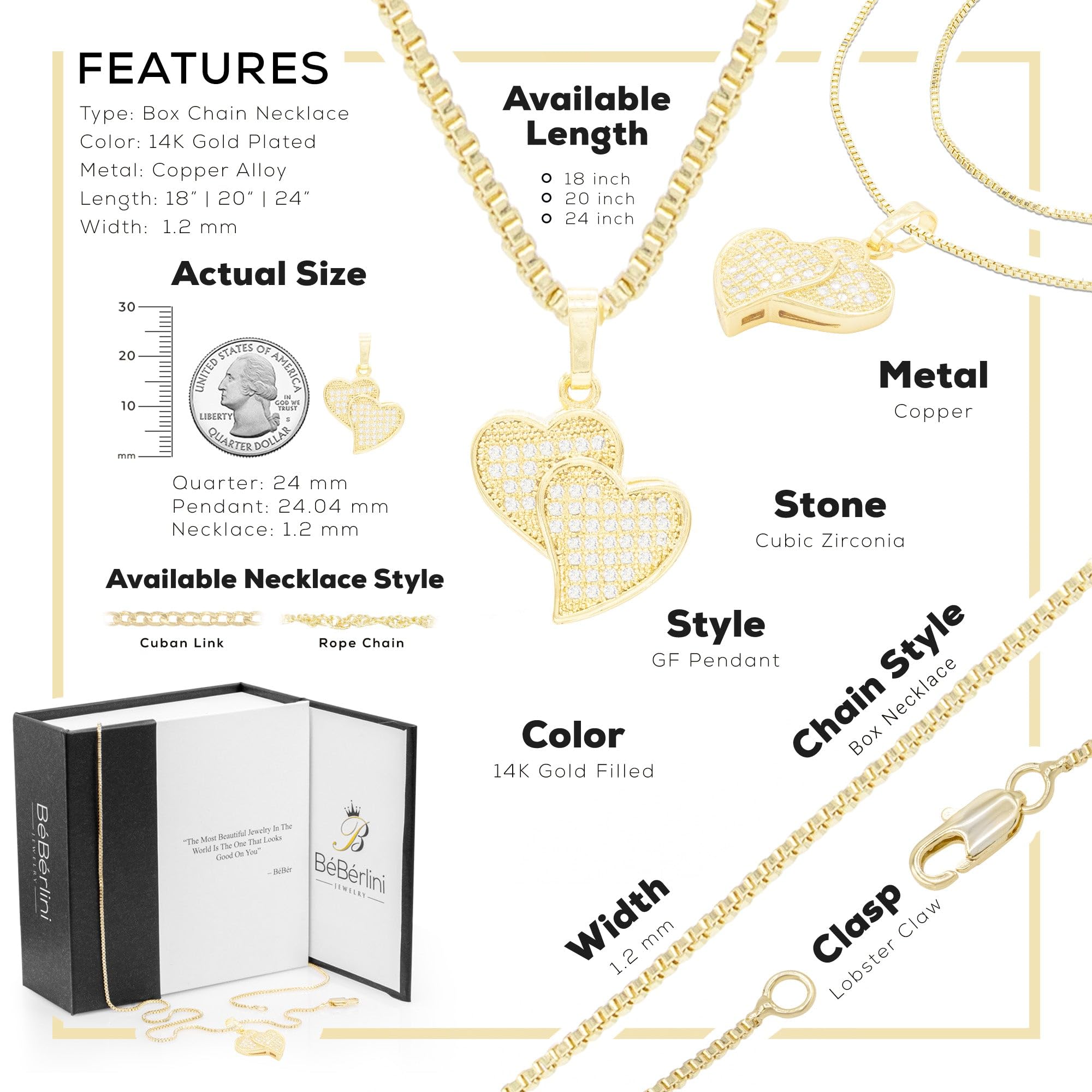 BEBERLINI Heart CZ Charms 14K Gold Filled Box Chain Charm Pendant Necklace Set for Women - 24 Inch Elegant Jewelry Gift for Valentine's Day, Anniversary & Special Occasions
