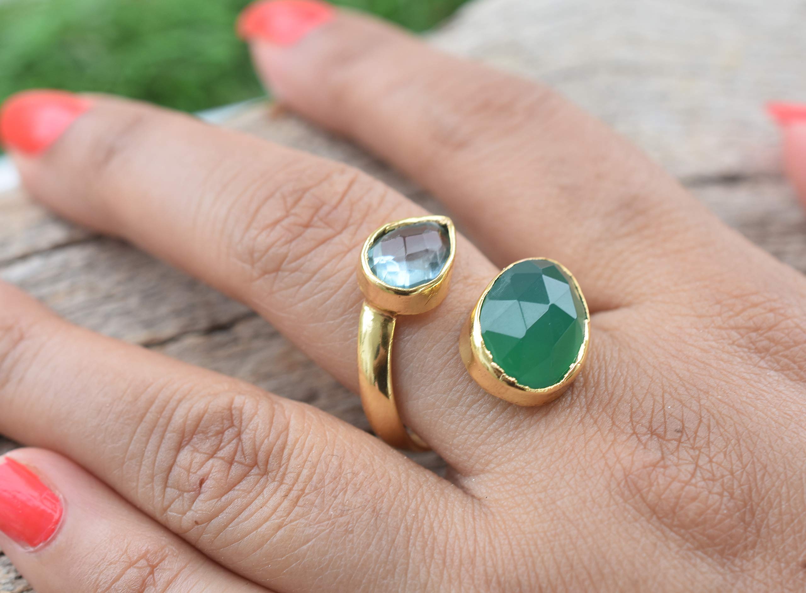 18K Gold Plated Green Onyx & Blue Topaz Ring for Women | Elegant Gemstone Jewelry | Perfect Birthday Gift & Bridesmaid Present | VR-085 | Wear for Special Occasions, Date Nights & Formal Events