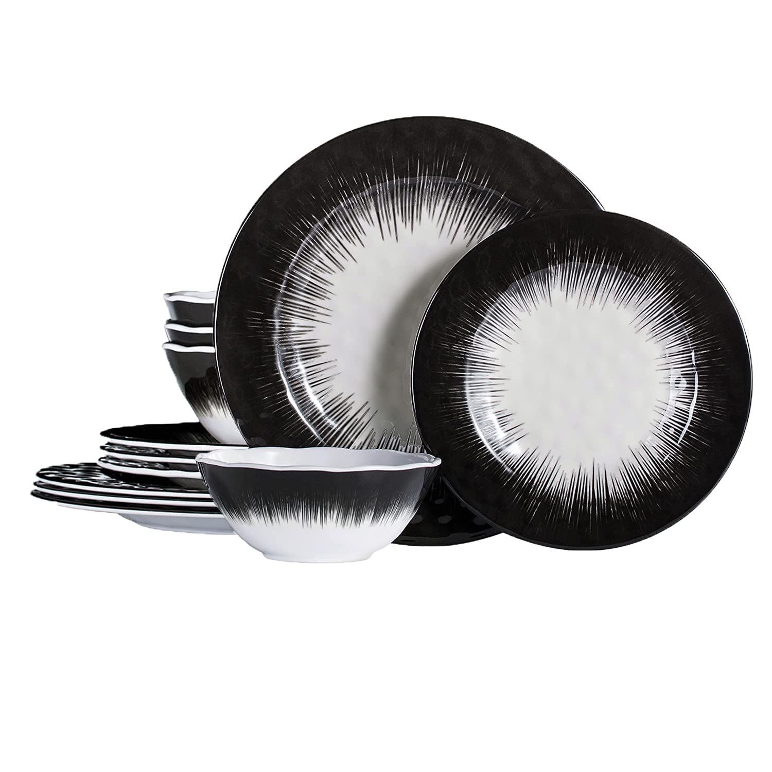 12-Piece Melamine Dinnerware Set for 4 - Unbreakable Camping & Outdoor Dishes with Dinner Plates, Salad Plates & Bowls | Lightweight, Durable for Indoor/Outdoor Use, Picnics, BBQs & Summer Camping (Black/White)