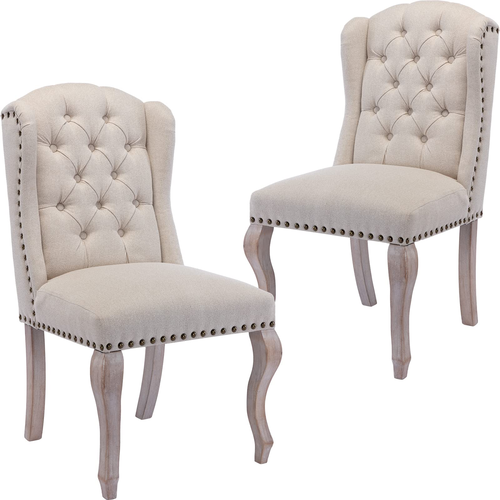 Mid Century Modern Accent Dining Chairs Set of 2 - Upholstered Parsons Wingback Chairs with Solid Wood Legs, Tufted Side Chairs for Kitchen, Dining & Living Room in Linen Cream - Perfect for Home Decor, Entertaining & Small Space Dining