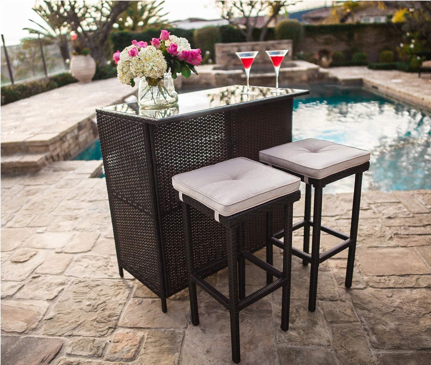 SUNCROWN 3-Piece Outdoor Bar Set - Rattan Wicker Patio Furniture with Glass Table, 2 Stools & Cushions + 9 FT Umbrella - Perfect for Backyard, Garden, Poolside & Outdoor Entertaining (Brown)