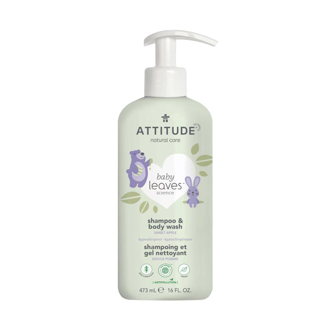 Attitude Baby Leaves 2-in-1 Shampoo & Body Wash - Sweet Apple Scent, 16oz (473ml) | Gentle & Natural Baby Bath Essentials for Sensitive Skin | Perfect for Daily Newborn & Toddler Bath Time