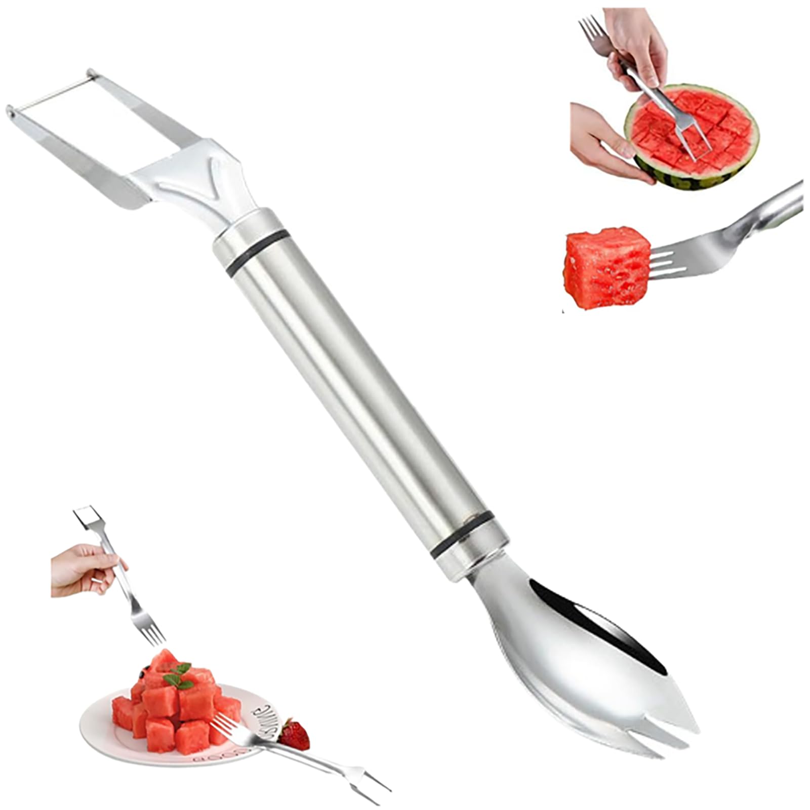 2024 Upgraded 2-in-1 Stainless Steel Fruit Cutter - Dual Head Watermelon Slicer & Melon Fork - Durable Silver Kitchen Tool for Summer BBQs, Picnics & Fruit Platters