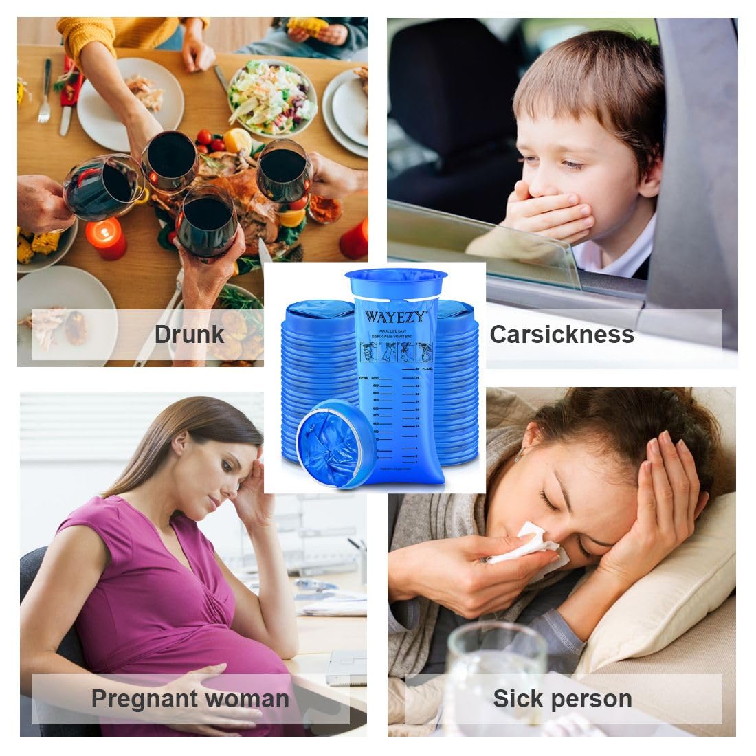 50 Disposable Vomit Bags - 1000ml Capacity Each - Travel & Motion Sickness Relief for Airplane, Car & Boat | Morning Sickness & Nausea Solution | Hospital & Emergency Use