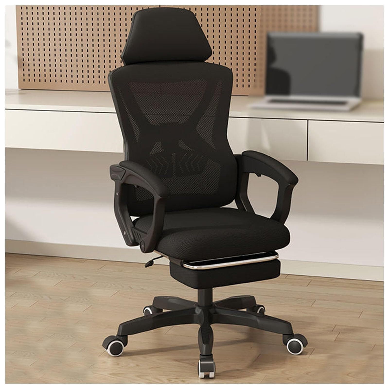 Ergonomic Office Chair with Adjustable Lumbar Support & Retractable Footrest - Comfortable Computer Desk Chair for Home Office, Study, Gaming - White & Black (Black) - Perfect for Long Work Hours & Online Classes