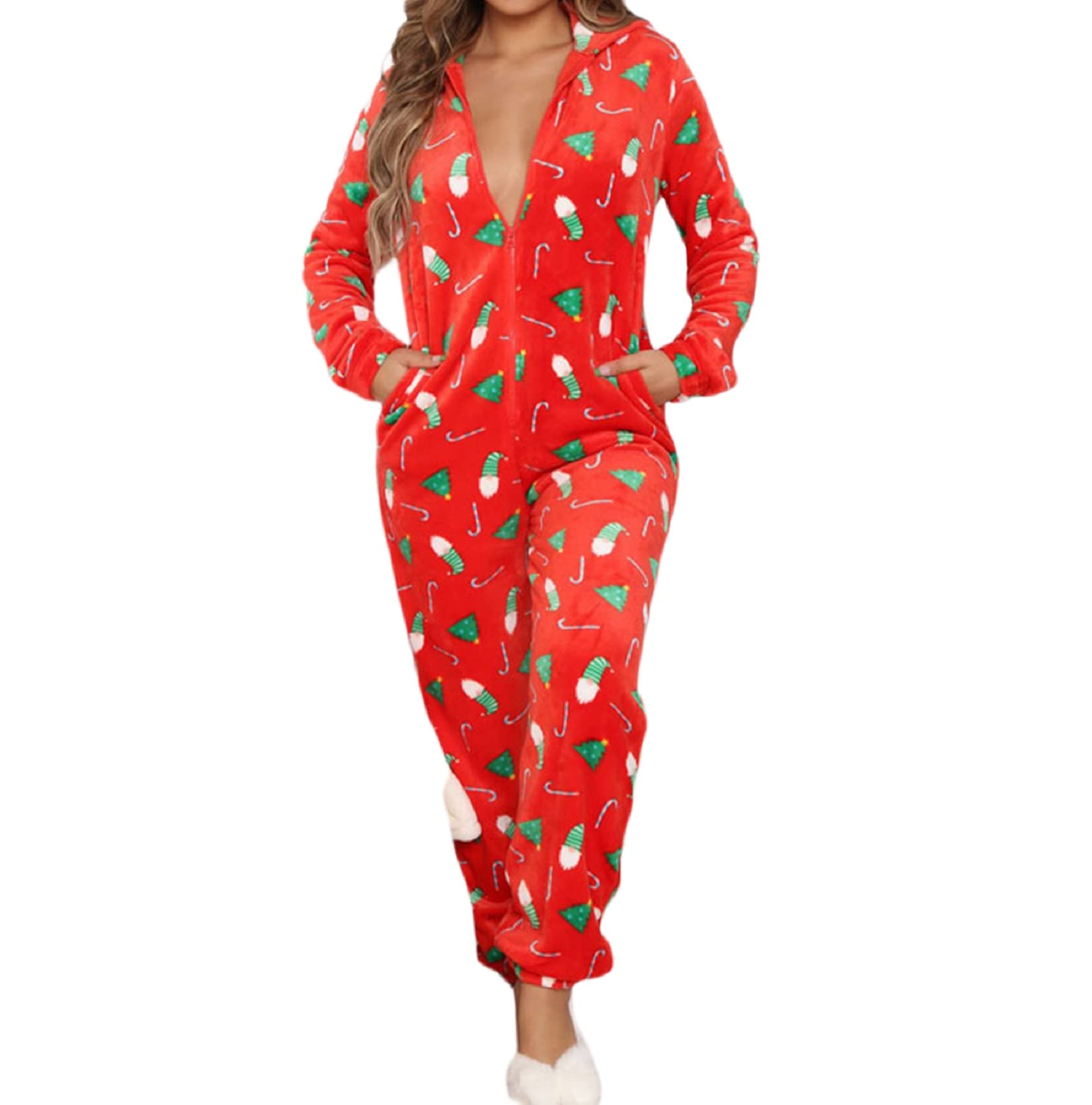 Women's Christmas Fleece Hooded Jumpsuit - Warm Zipper Romper One Piece Pajamas for Winter Sleepwear & Lounge Wear | Cozy Holiday Outfit for Xmas Party, Family Gathering & Cold Weather Nights