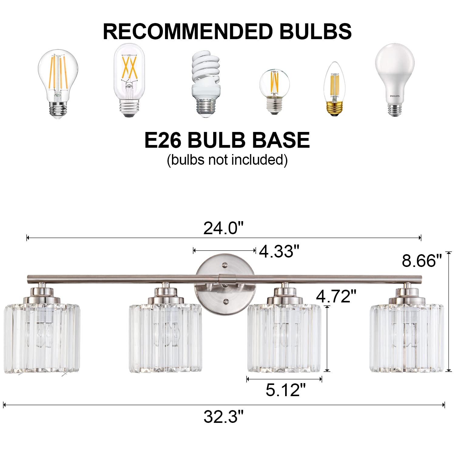 Modern Brushed Nickel Bathroom Vanity Light Fixture 32 Inch 4-Light Crystal Shade Industrial Wall Sconce - Waterproof LED Mirror Lighting for Bathroom, Bedroom Makeup Desk, Living Room, Kitchen & Porch (Hotel Style Decor)