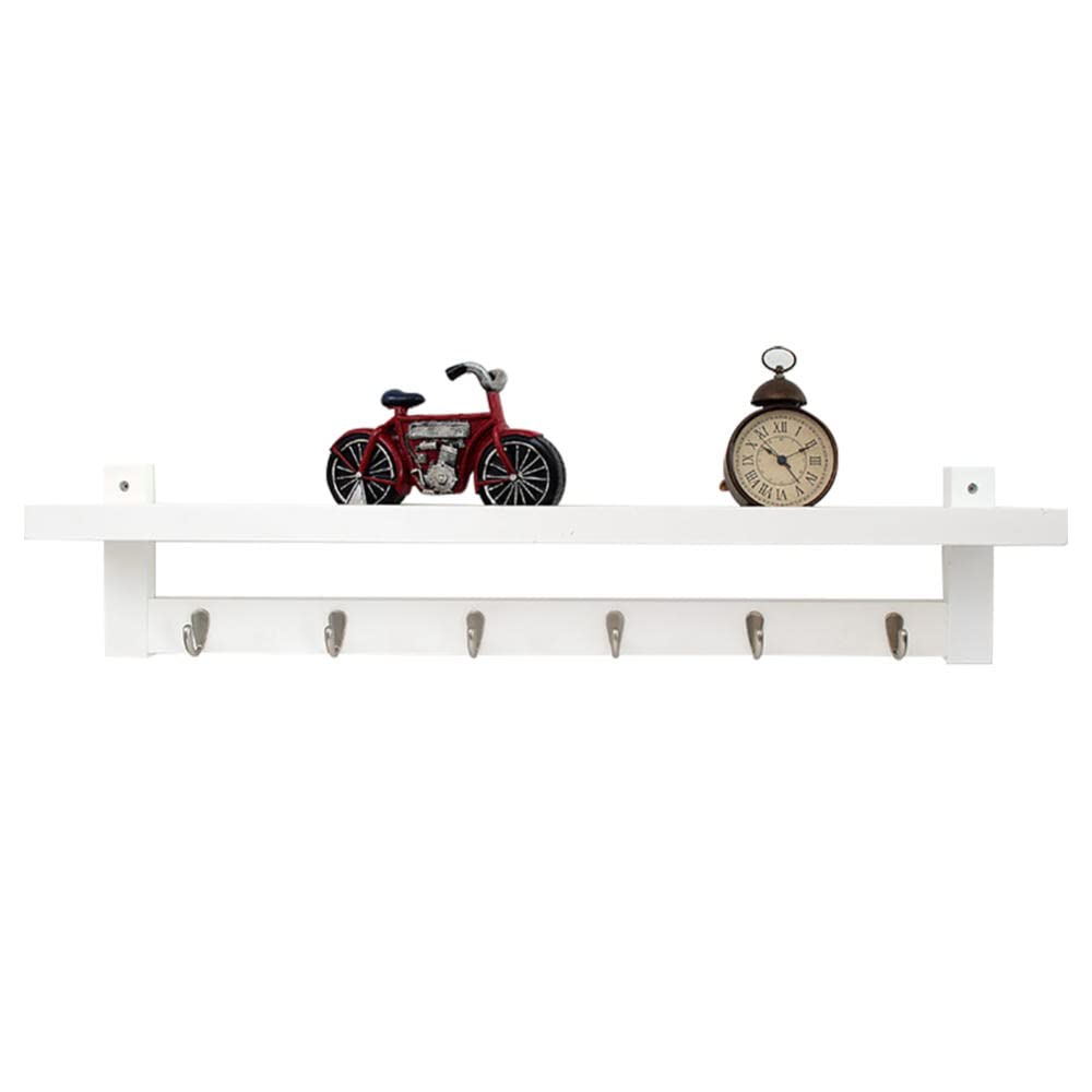 Wall Mounted Floating Shelf with Zinc Alloy Hooks - Decorative Storage Shelf, Multi-Functional Bamboo Wall Shelf - Rustic Coat Rack for Coffee Bar, Kitchen & Living Room - White (6 Hooks) - Perfect for Home Organization & Stylish Decor