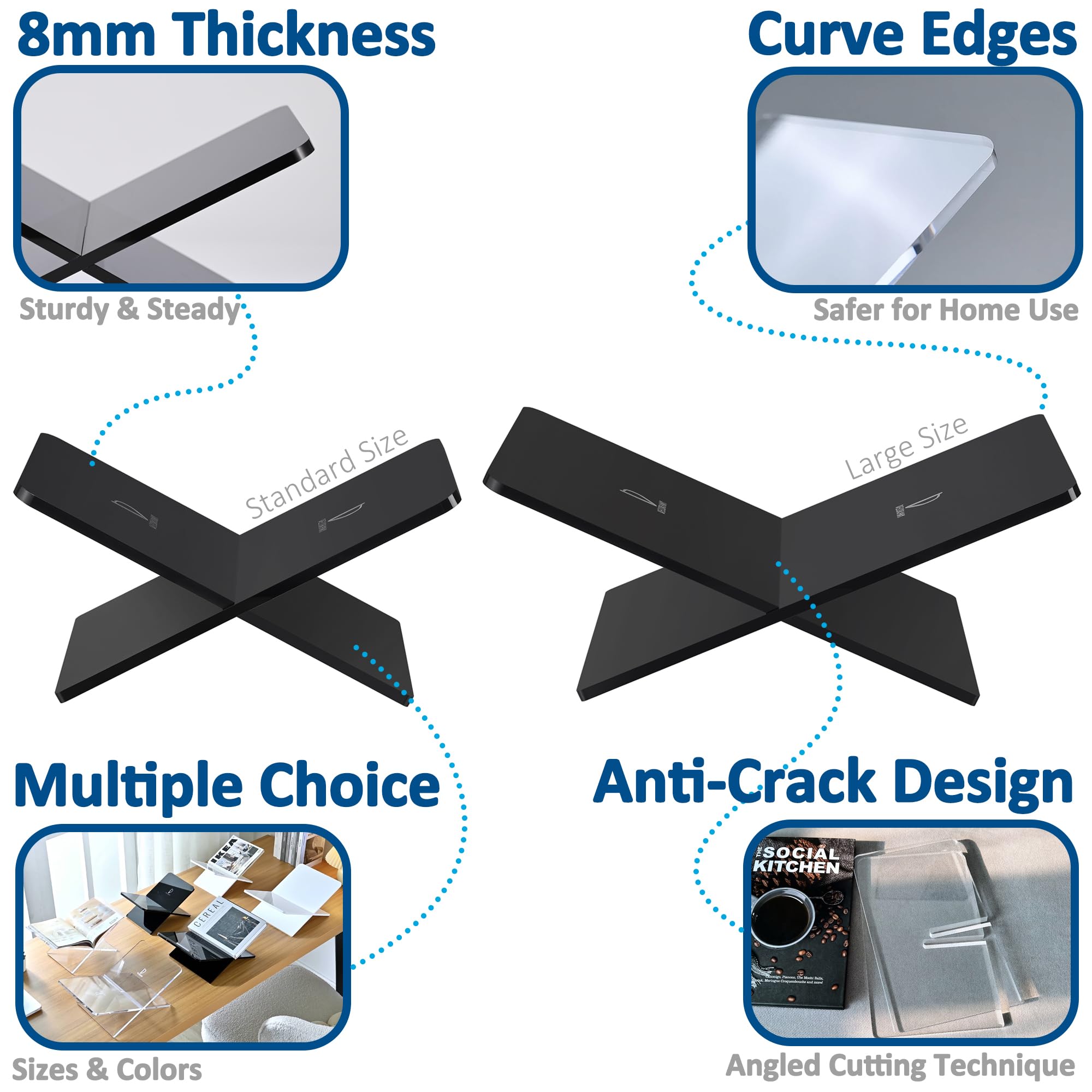 Large Acrylic Book Stand 11 x 7 x 6 Inches - Clear Display Holder for Cookbooks, Art Books, Bibles & Guest Books - Perfect for Coffee Table Reading & Decoration - Black Standard Size