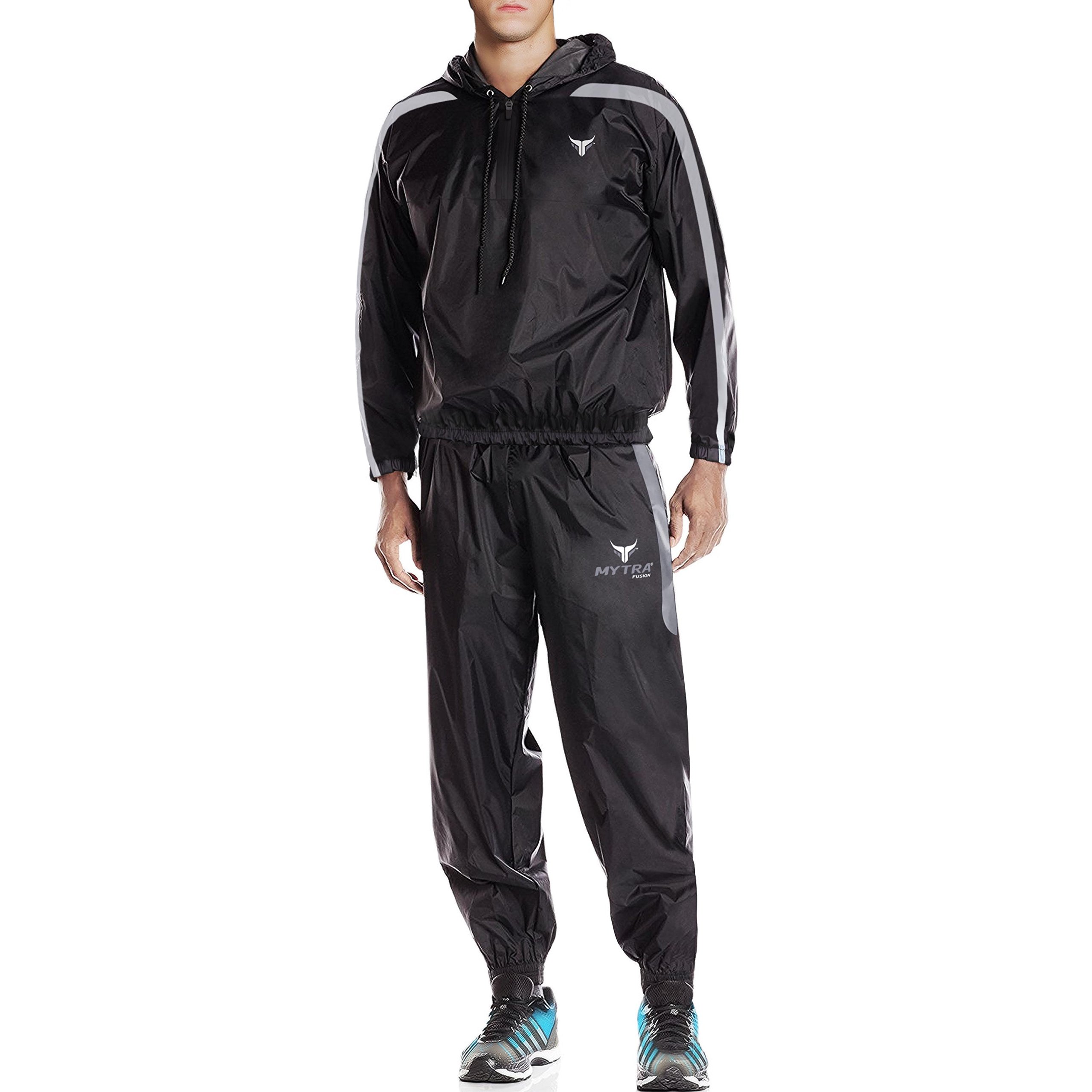 Mytra Fusion Sauna Sweat Suit for Men - 2XL Black Gray | Weight Loss Workout Gear for Gym, Running & Home Detox