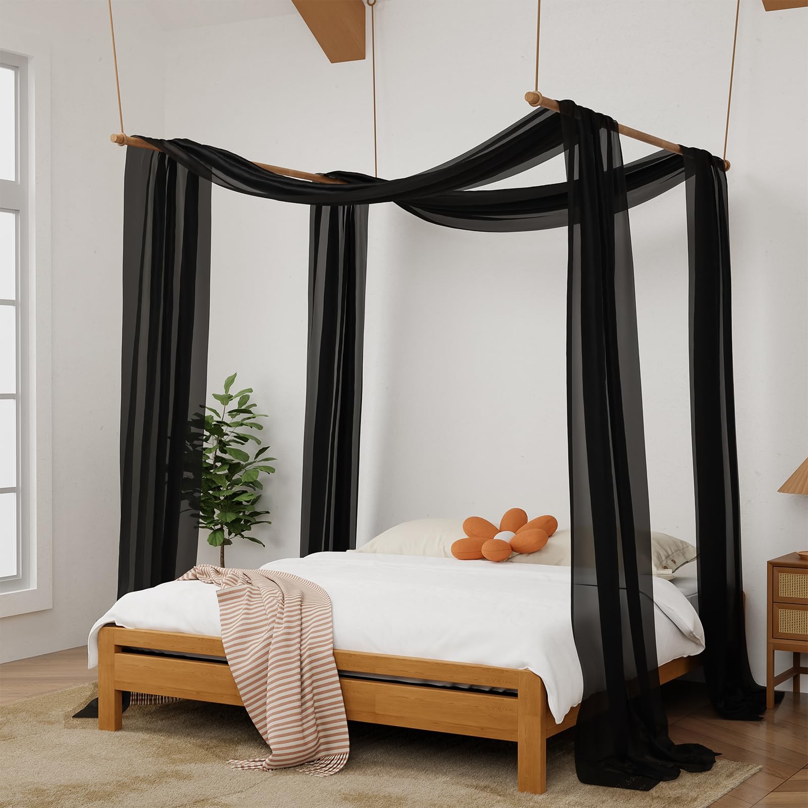 Luxury Black Sheer Canopy Bed Curtains - 52 x 256 Inches 2-Panel Bed Canopy Drapes for King Size Beds, Elegant Scarf Style Bedroom Decor for Adults & Girls - Perfect for Romantic Bedrooms, Boho Chic Spaces & Princess-Themed Rooms