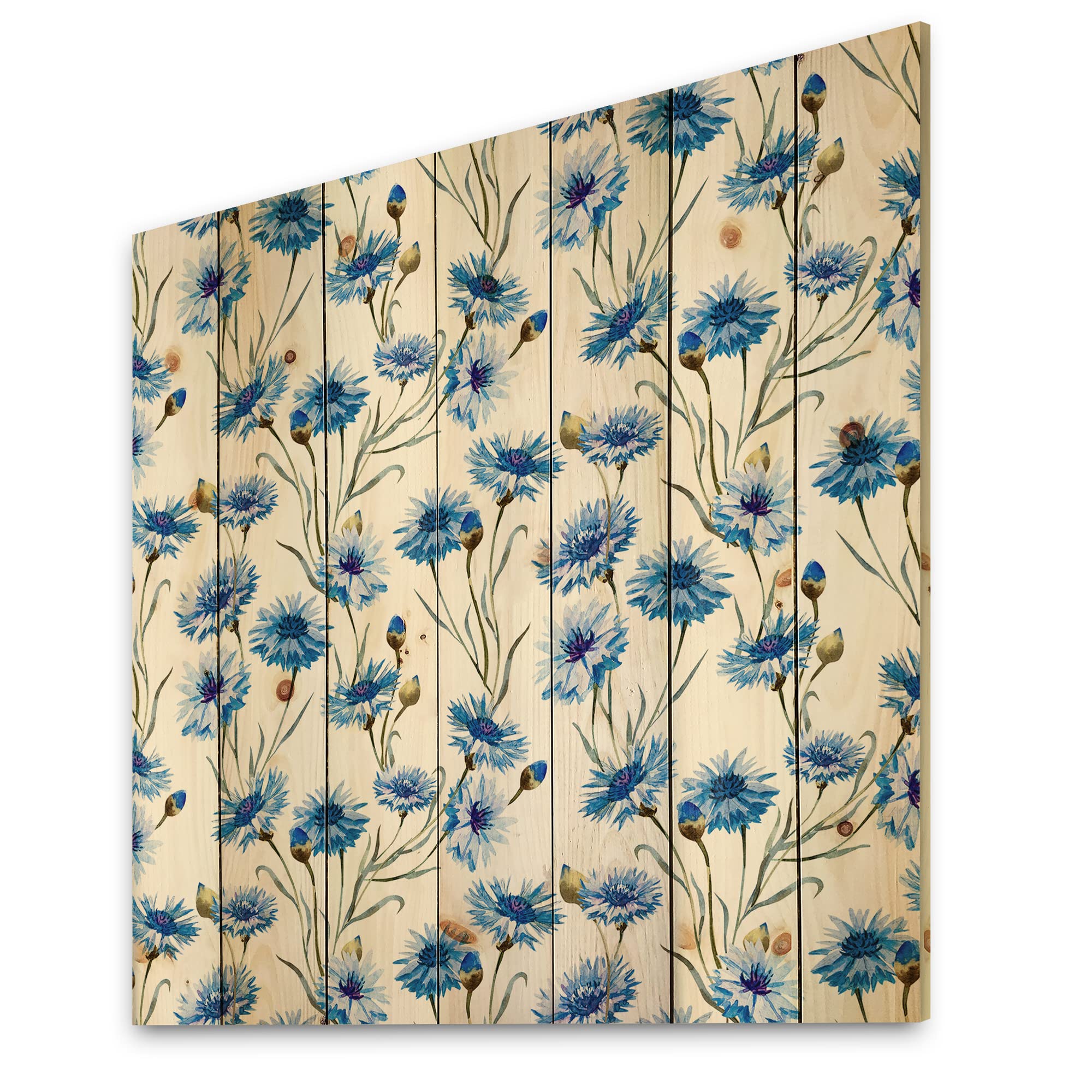 Blue Cornflowers with Green Leaves Traditional Wood Wall Decor - Large Floral Pine Wood Art Panel for Living Room, Bedroom & Office Decoration