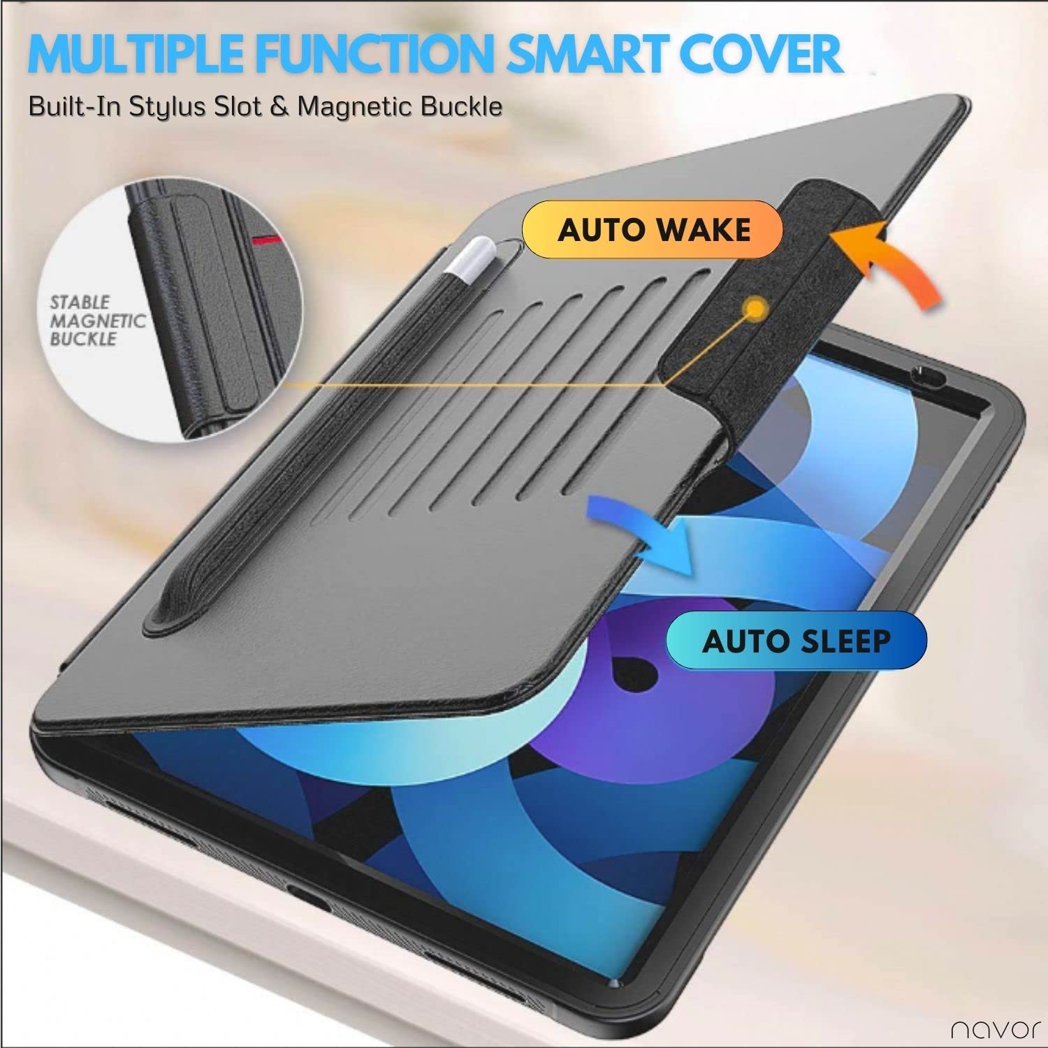 Navor Smart Case for iPad Air 5 (2022) & Air 4 (2020) 10.9 Inch - Also Compatible with iPad Pro 11 (2018/2020/2021) - Shockproof Magnetic Stand Cover with Multiple Viewing Angles - Perfect for Work, Study and Entertainment