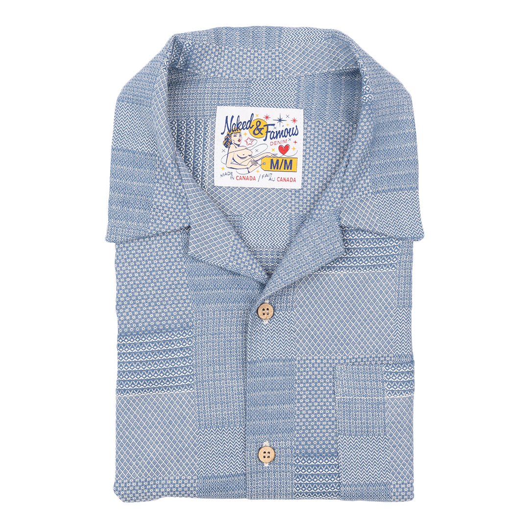N&F Men's Aloha Shirt - Dobby Patchwork Design in Pale Blue | Hawaiian Casual Shirt for Beach Vacation & Summer Outfits