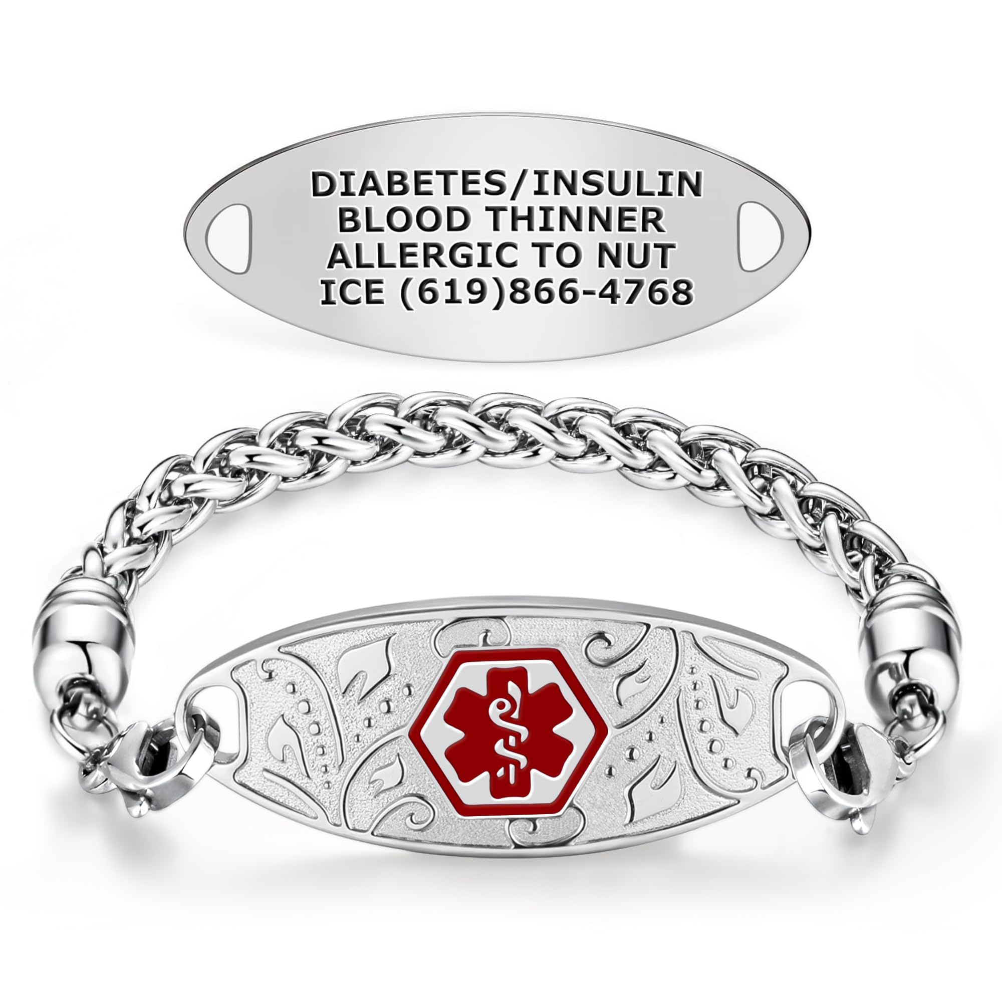 Divoti Custom Engraved Medical Alert Bracelets for Women - Stainless Steel Medical ID Bracelet with Free Engraving - Elegant Filigree Wheat Design - Adjustable Sizing - Perfect for Diabetes, Allergies & Emergency Medical Identification