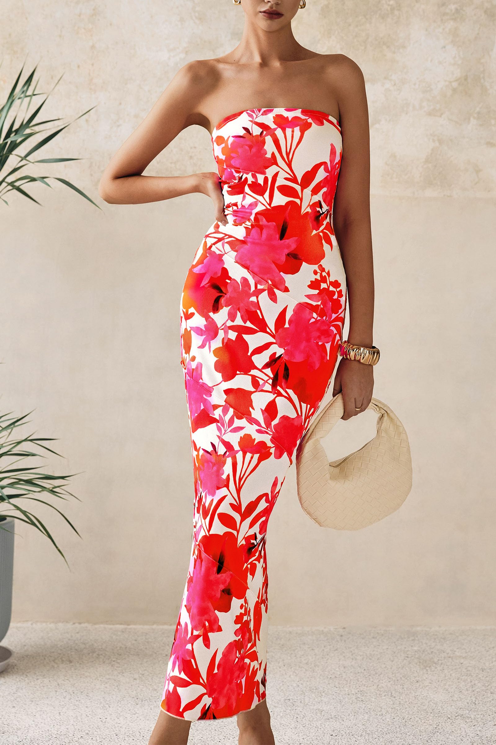 PRETTYGARDEN Women's Floral Bodycon Maxi Dress 2025 - Strapless Ribbed Tube Long Dress for Summer, Casual, Boho & Party Wear | Perfect for Beach Vacations, Date Nights & Special Occasions
