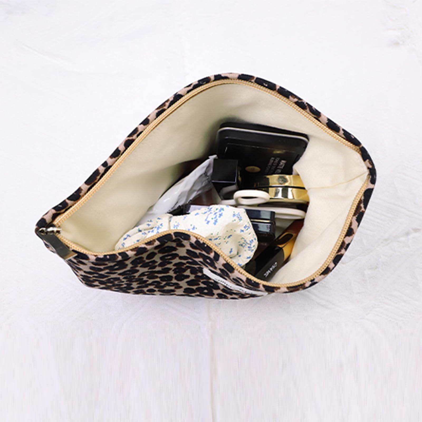 Wudygirl Leopard Print Makeup Bag for Women - Large Capacity Cosmetic & Toiletry Travel Pouch with Zipper - Aesthetic Canvas Makeup Organizer - Perfect for Travel, Gym, and Daily Beauty Essentials (Leopard Print)